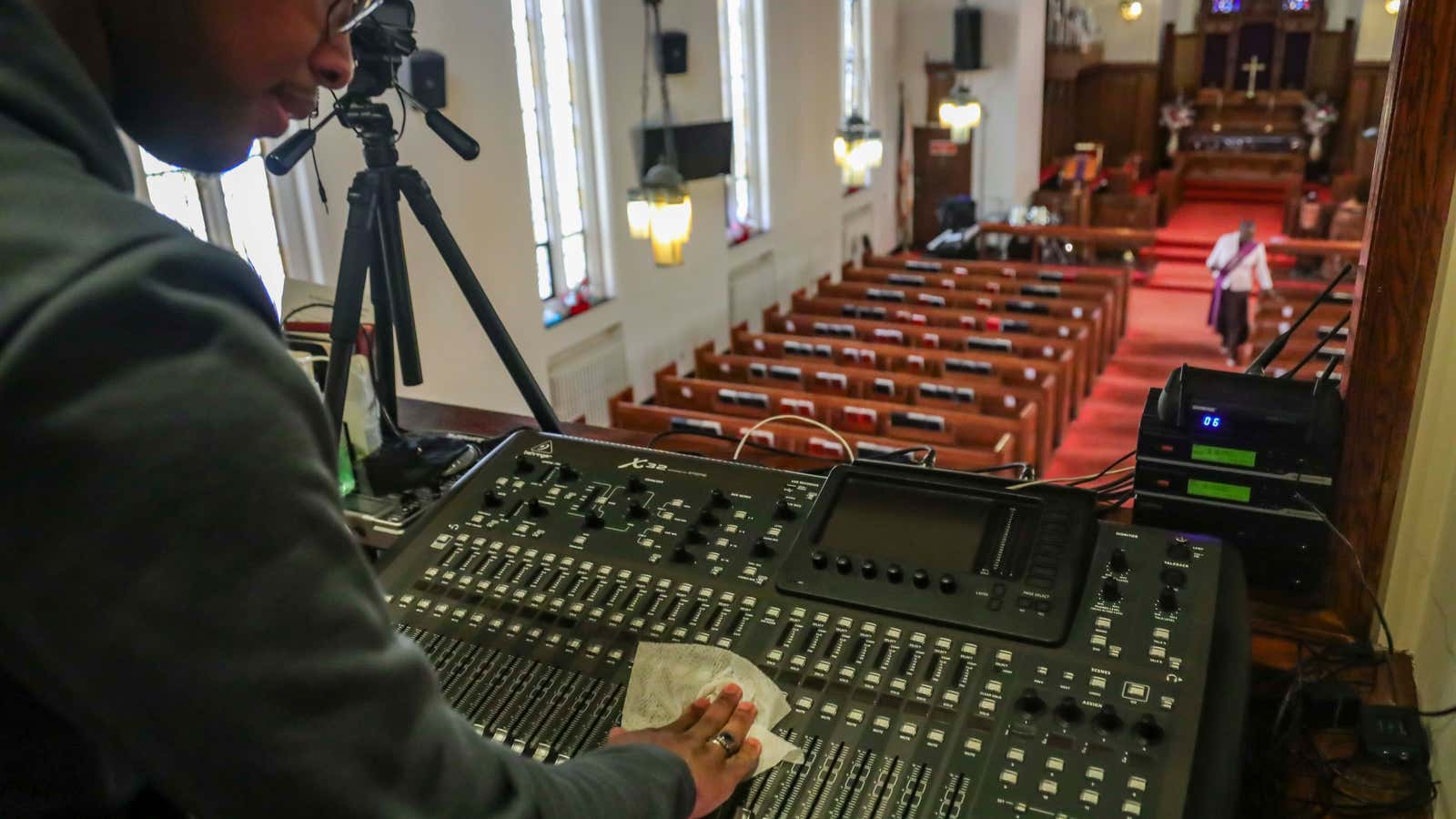 Manning the livestream at St. Paul’s Methodist Church in Brooklyn, New York.