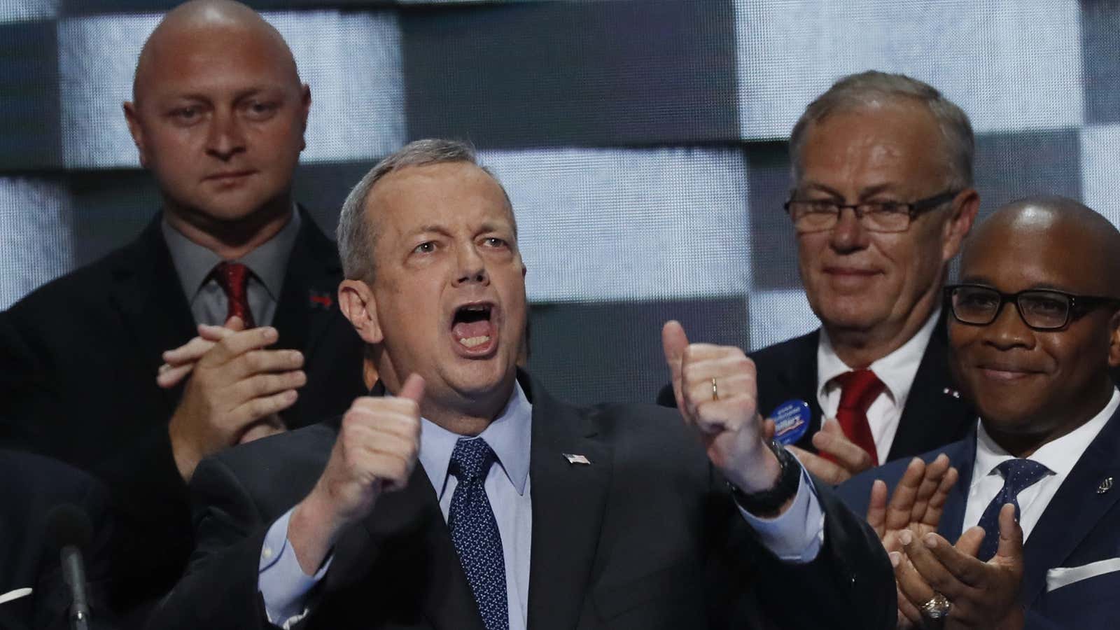 Retired US Marine General John Allen speaks during the final night of the Democratic National Convention.