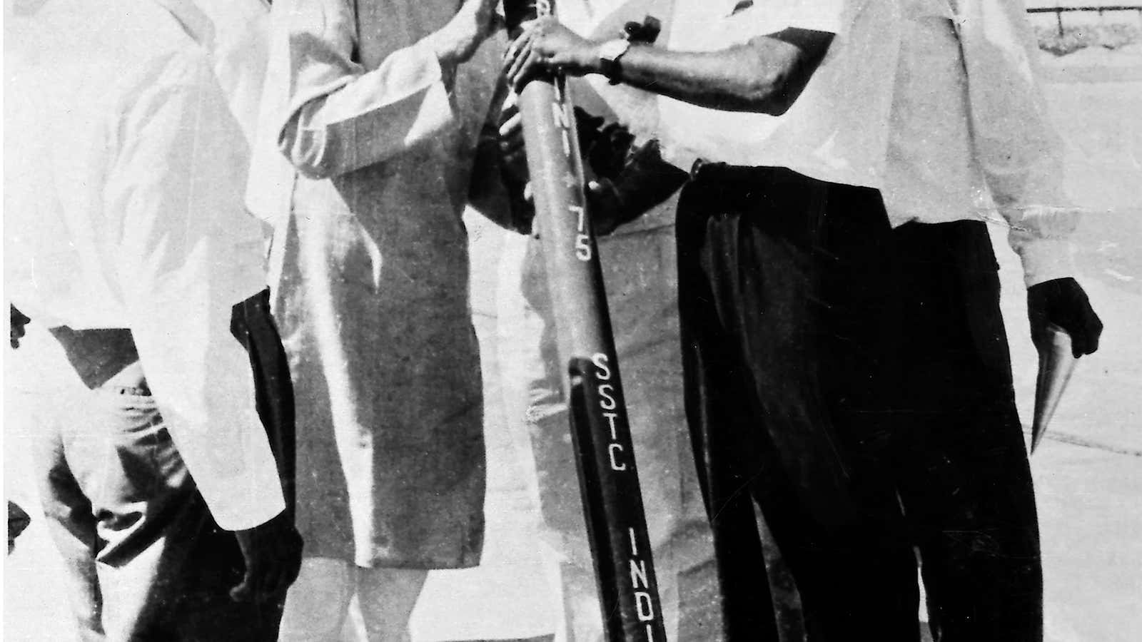 The very first indigenous rocket made by ISRO was known as RH-75 (RH stands for Rohini and 75 refers to the diameter of the rocket in mm). It was made from readily available extruded aluminium alloy tubes from the market. YJ Rao (with spectacles) is showing Sarabhai the RH-75.
