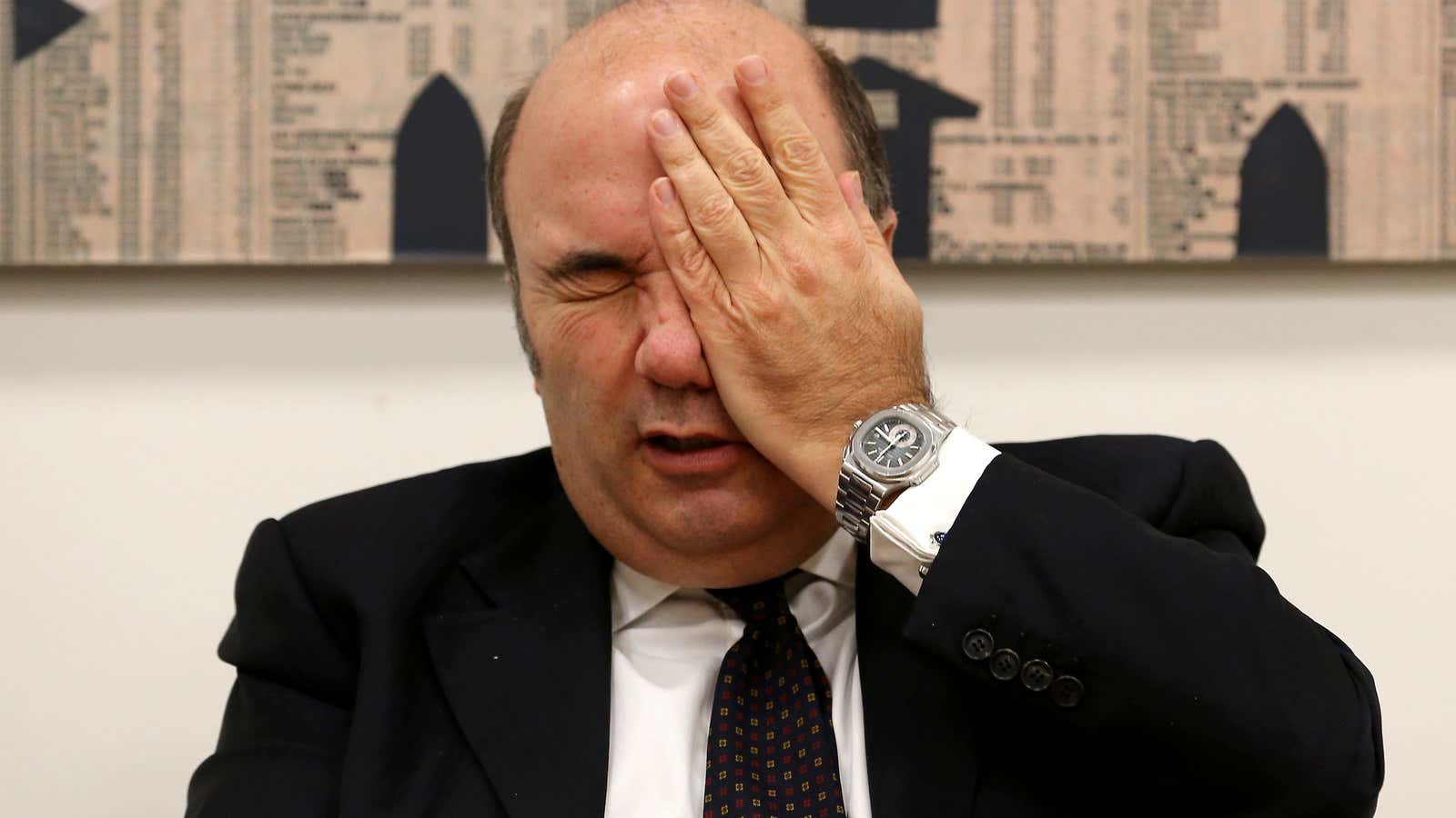 Monte dei Paschi CEO Fabrizio Viola makes his feelings clear at a January press conference.