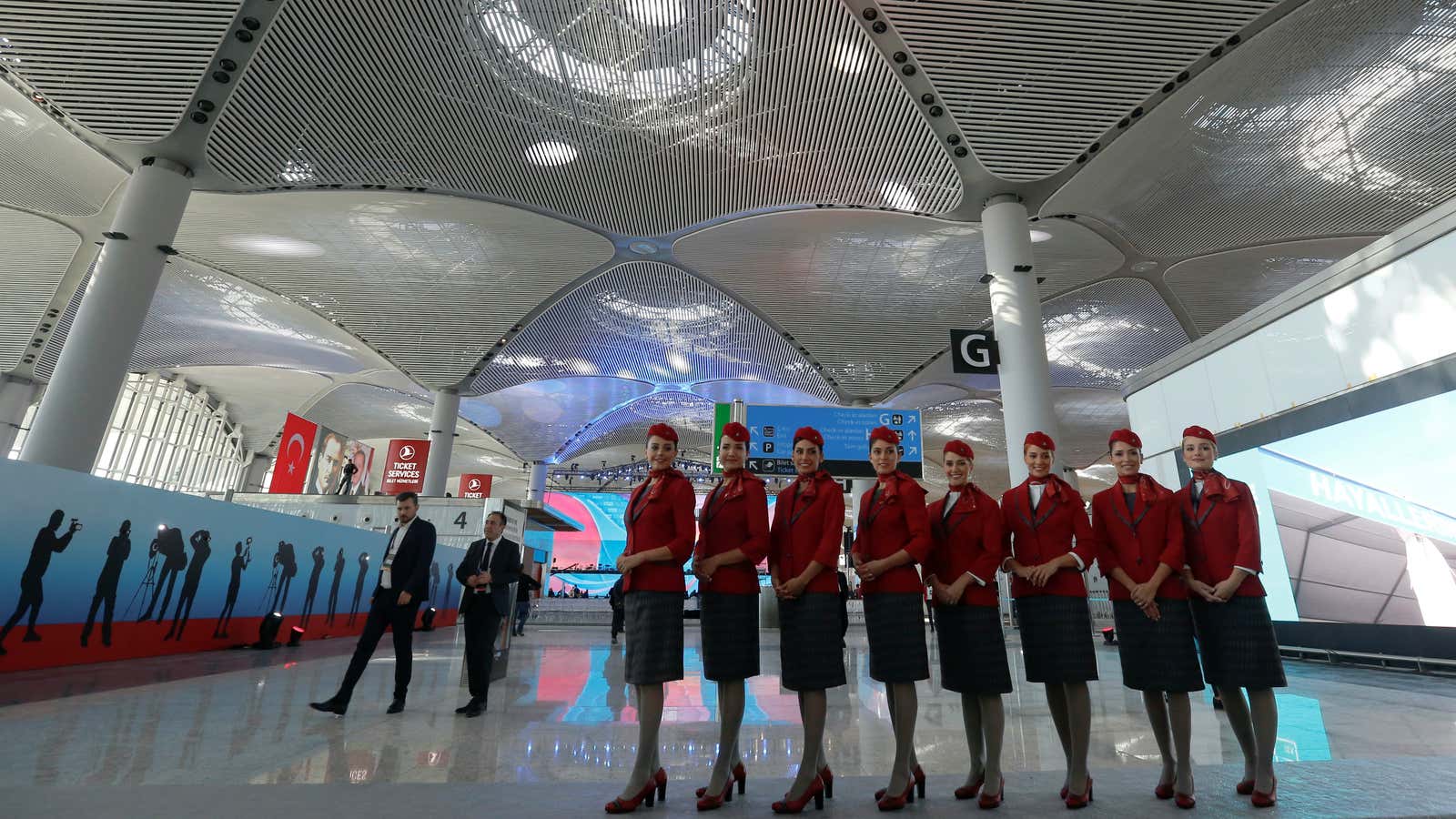 Turkish Airlines flight attendants line up at New Istanbul Airport’s soft opening today.