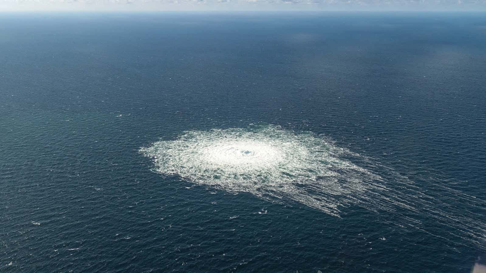 Natural gas bubbles to the surface of the Baltic Sea above a major leak in the Nord Stream 1 gas pipeline, in an image captured Sept. 27 by the Danish military.