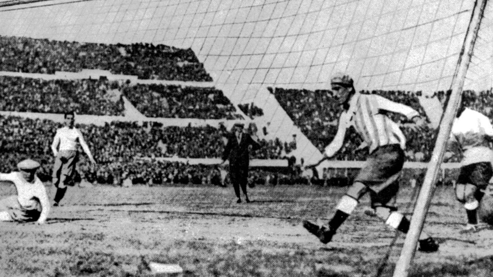 Uruguay’s first goal in the World Cup Final against Argentina, in Montevideo, Uruguay, July 30, 1930. Uruguay defeated Argentina by four goals to two. (AP Photo)