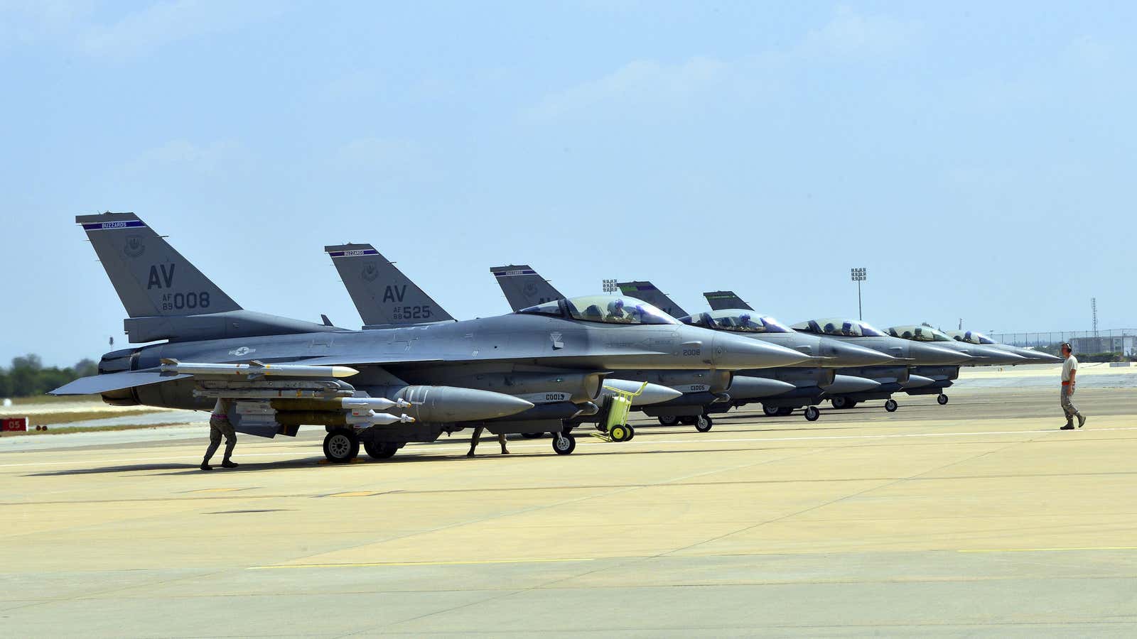 Six US Air Force F-16 Fighting Falcons from Aviano Airbase, Italy, are seen at Incirlik Airbase, Turkey, after being deployed.