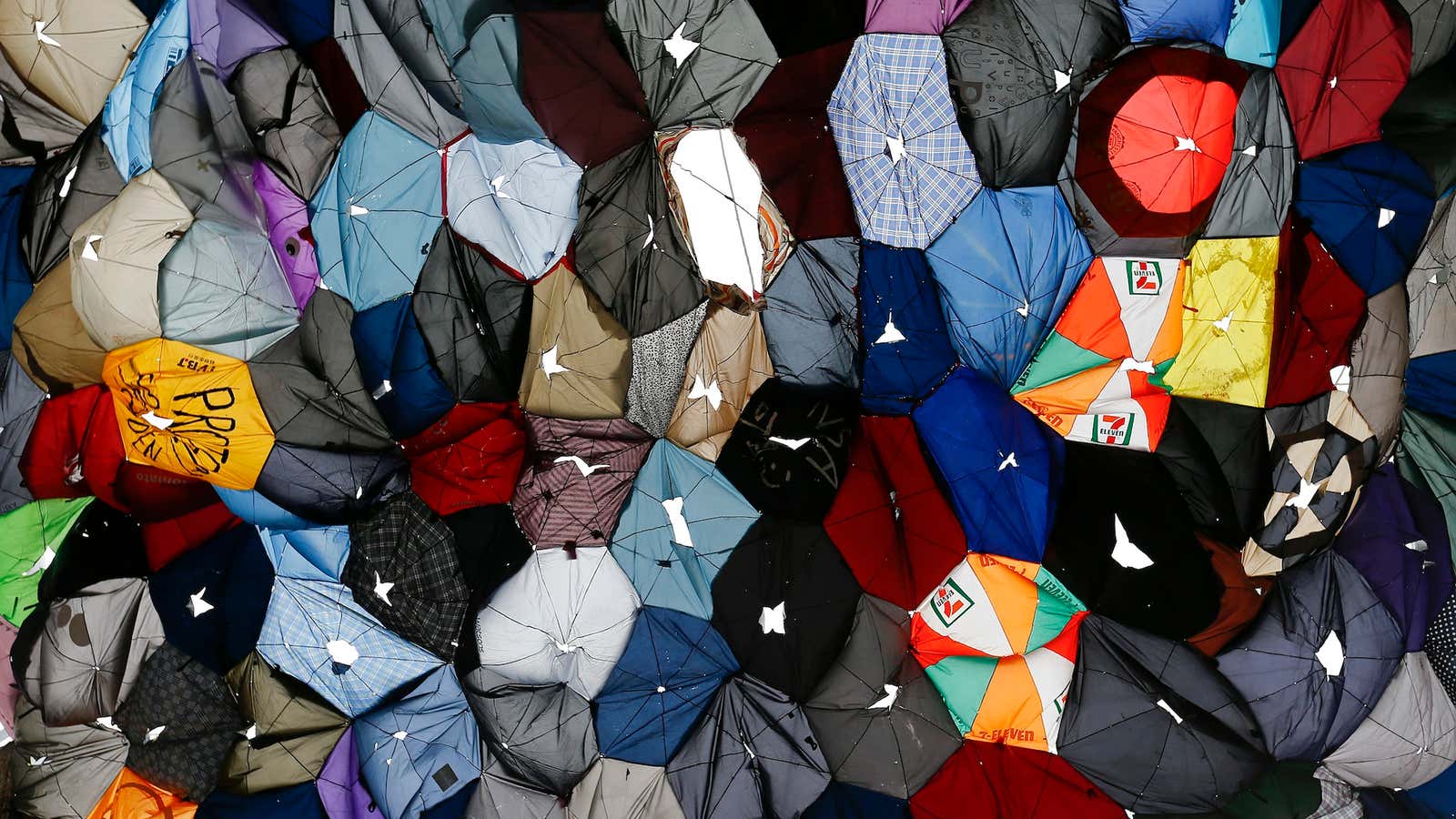 A canopy of umbrellas at the former site of pro-democracy  protests in central Hong Kong.