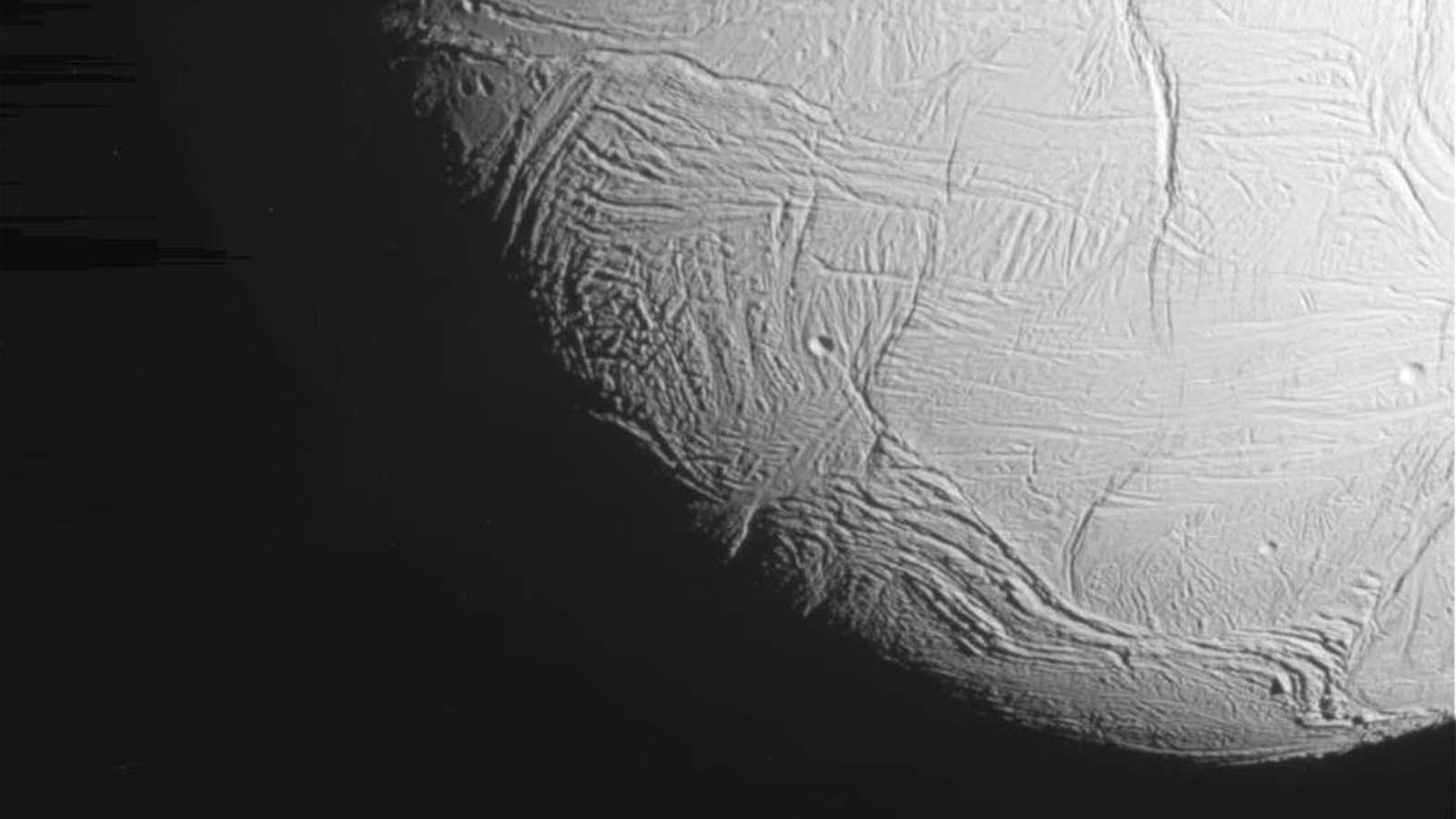 A closeup of Enceladus.