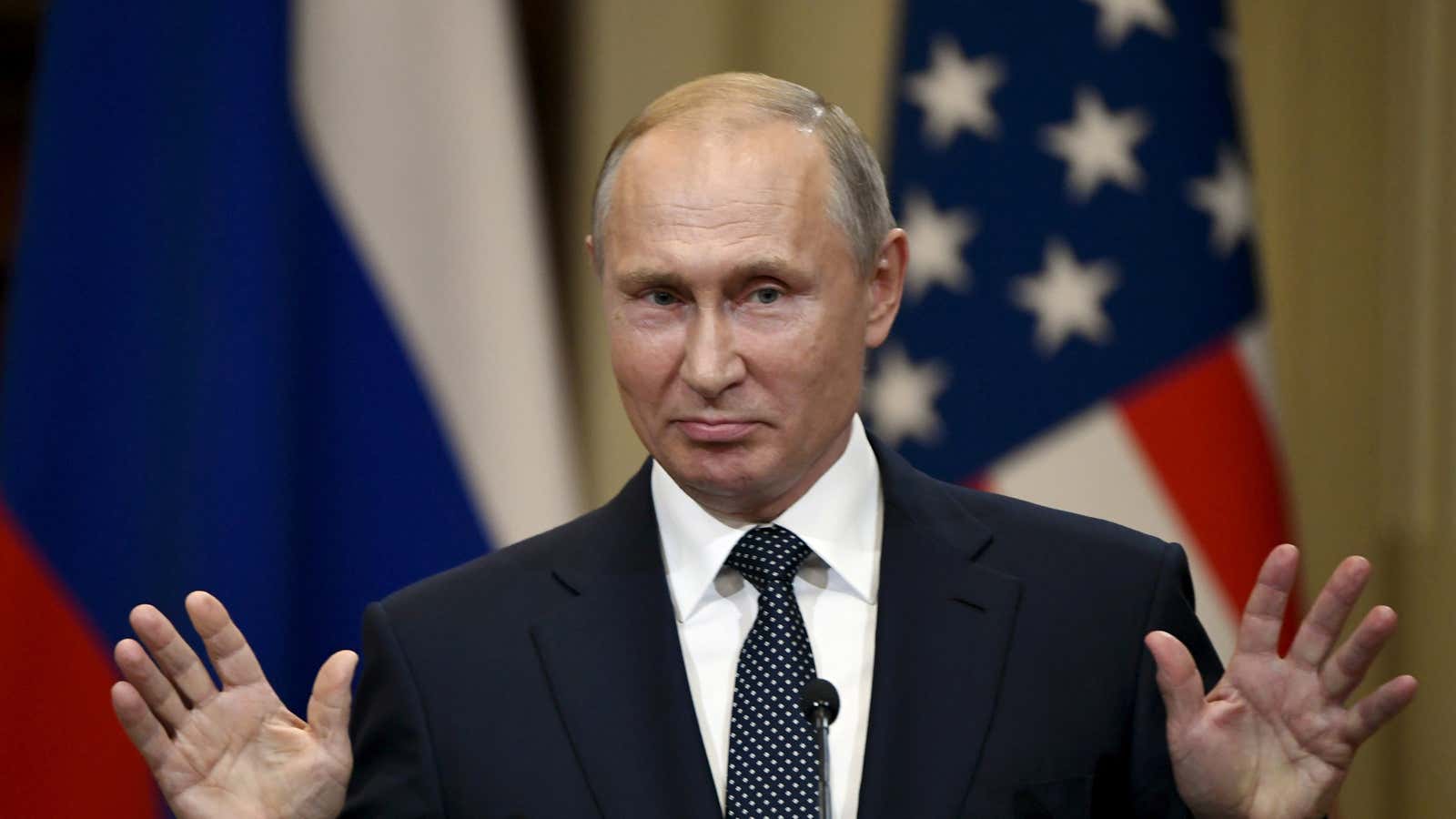 Russia’s President Vladimir Putin gestures during the joint press conference with U.S. President Donald Trump in the Presidential Palace in Helsinki, Finland July 16, 2018.…