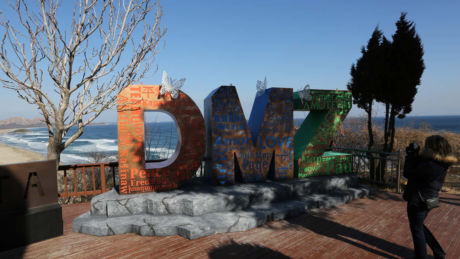 Visitors pose for pictures at the Goseong Unification Observatory viewing platform near the Korean Demilitarized Zone (DMZ) near Goseong, South Korea, 03 February 2018. The Korean Demilitarized Zone (DMZ) is a four-kilometres wide stretch from the west coast to the east coast that divides North Korea and South Korea as per agreement from 1953. The PyeongChang 2018 Olympic Games that start on 09 February 2018 are only some 80km south of the Demilitarized Zone that divides the two countries.