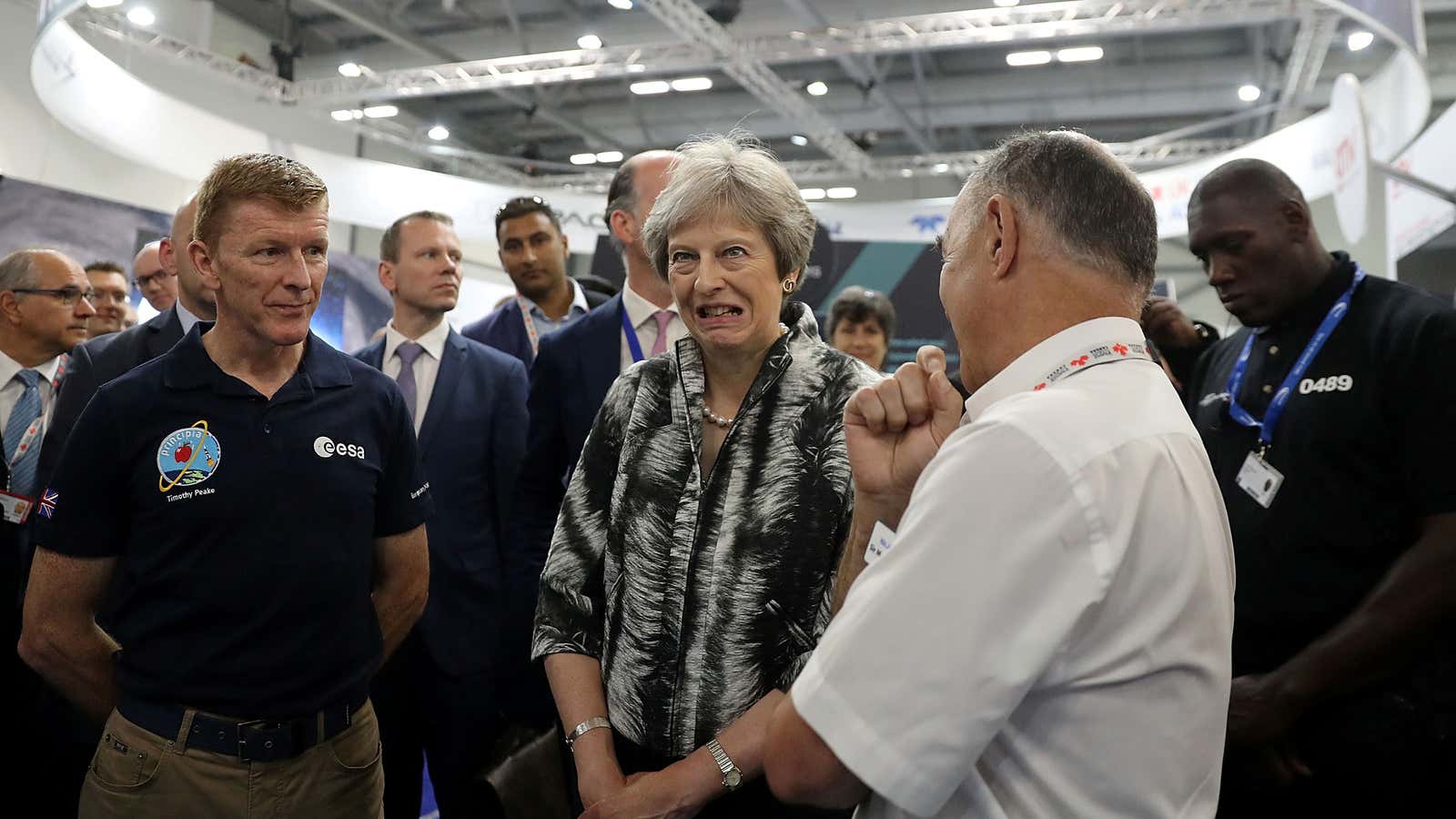 UK PM Theresa May visits Farnborough Airshow with astronaut Tim Peake.