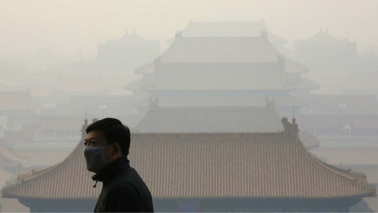 The Forbidden City, mostly obscured by smog.