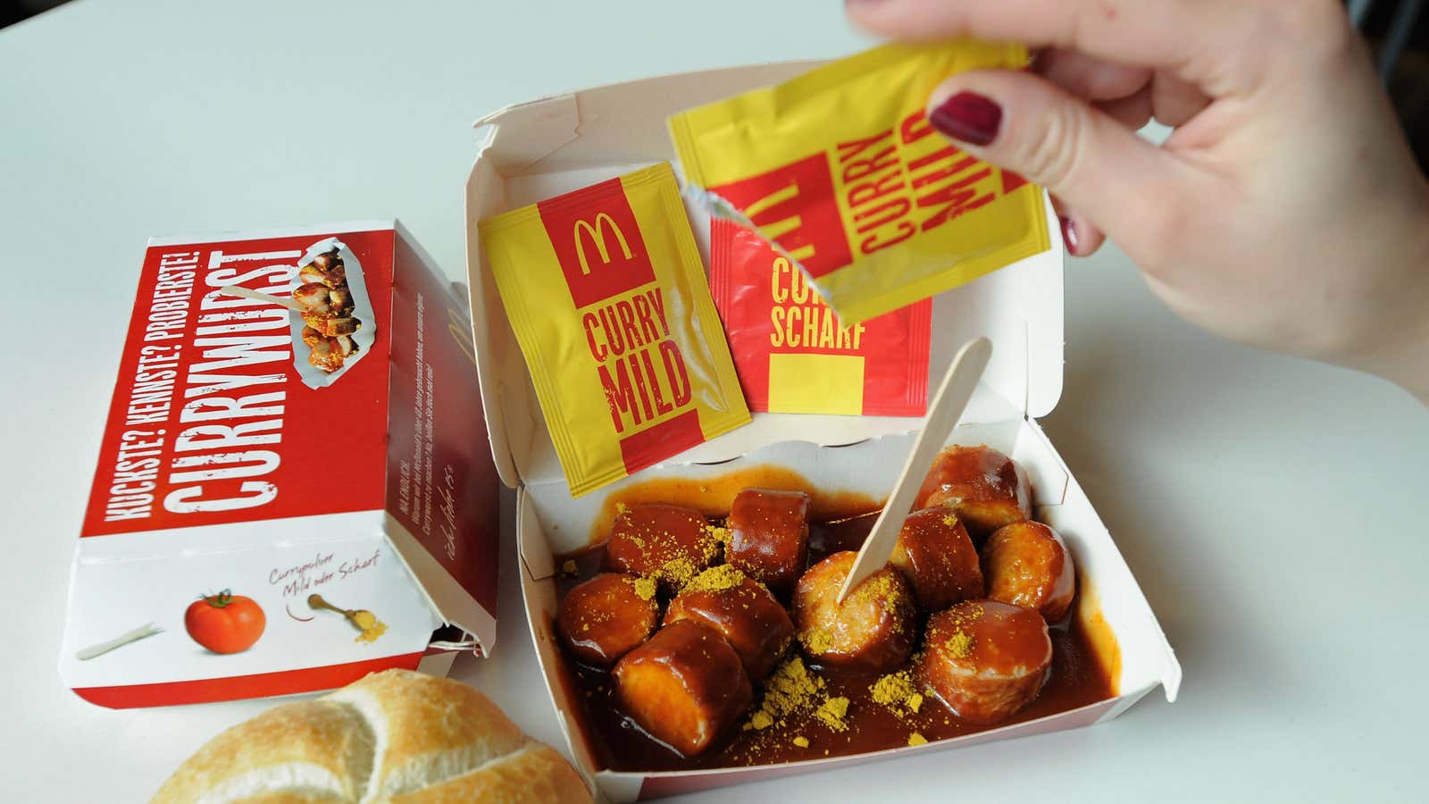 McDonald’s currywurst in Germany, at 450 calories, isn’t exactly the worst.