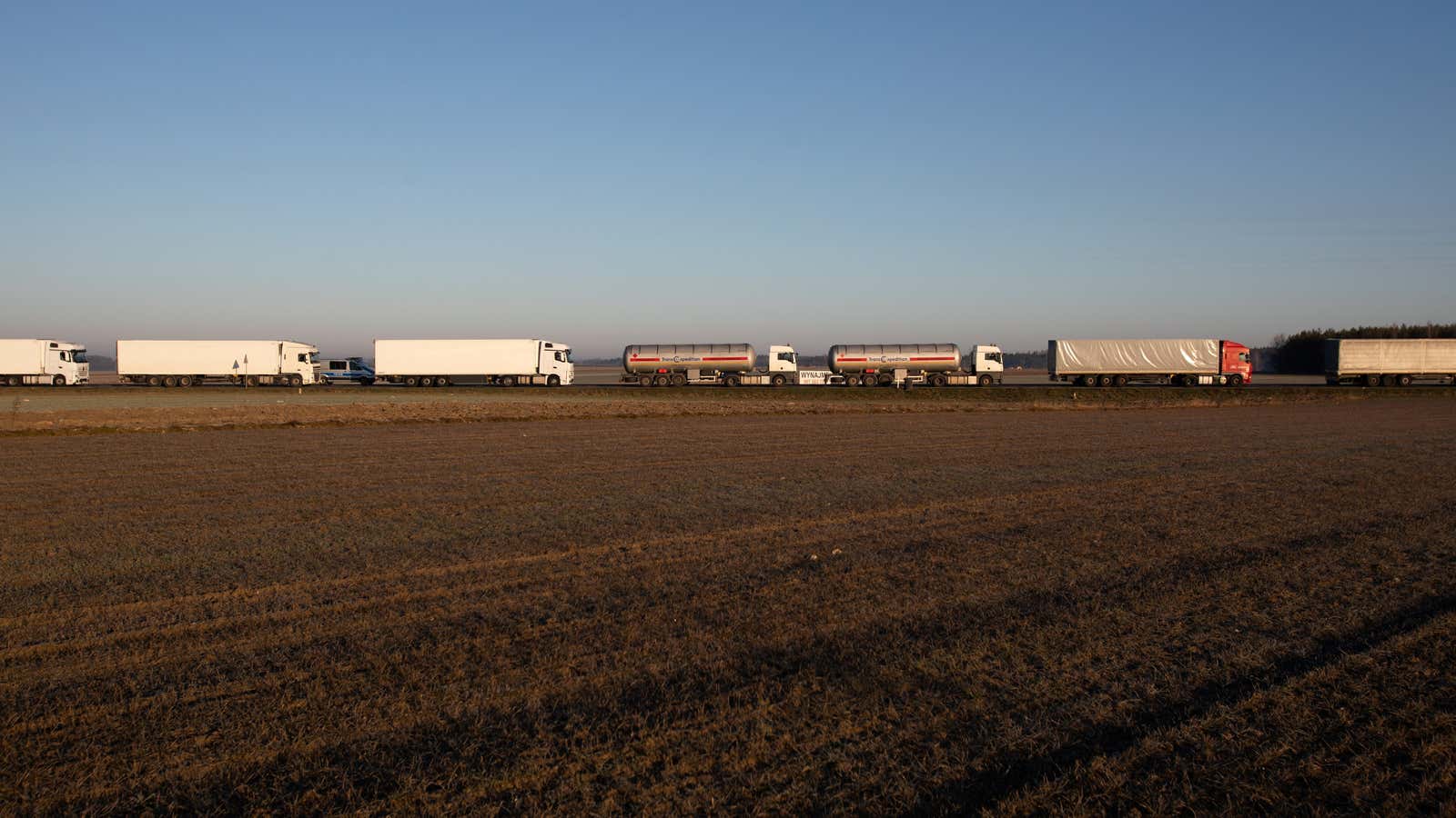 Trucks lining up along the Polish-Belarusian border in March.