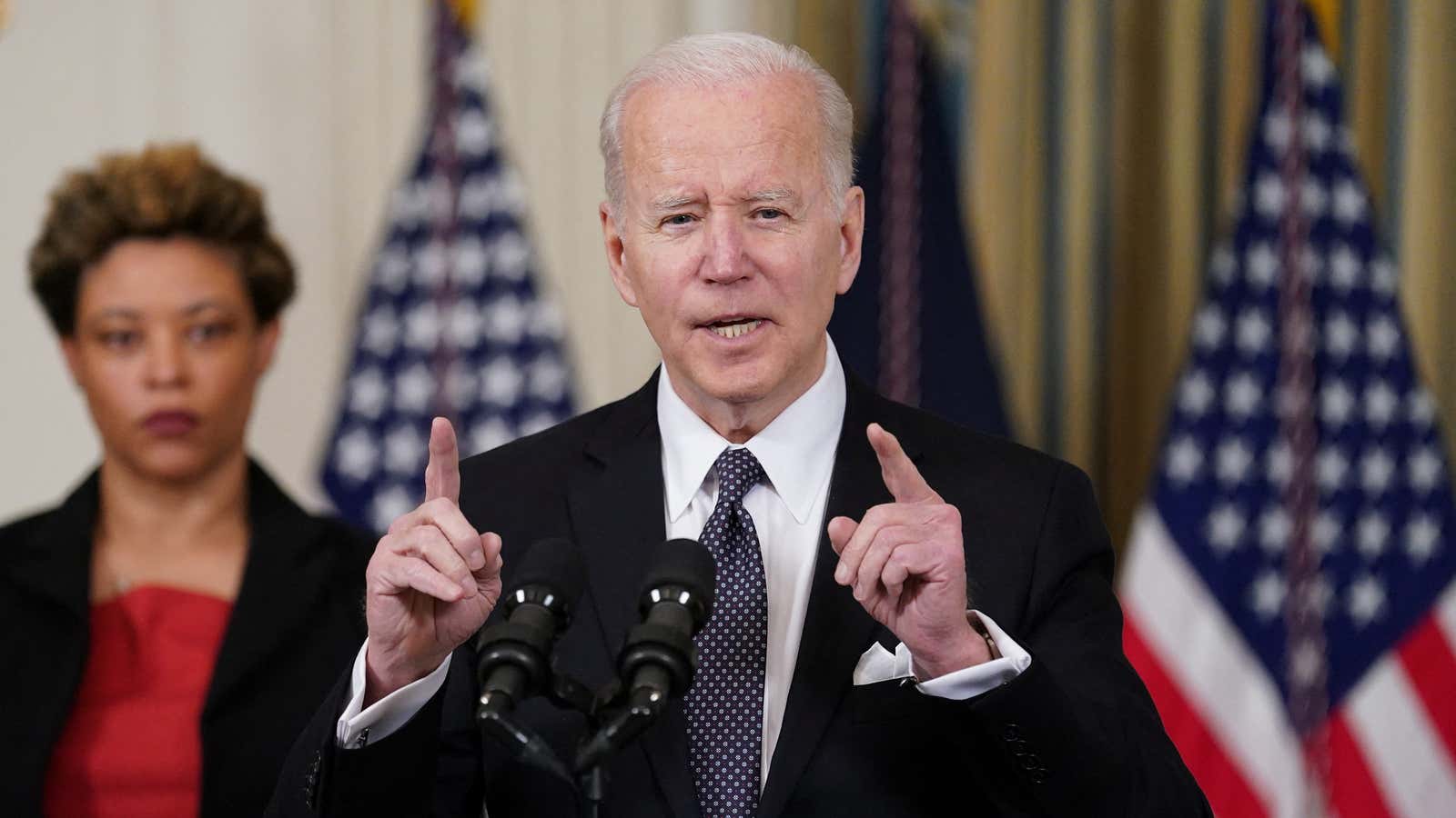 U.S. President Joe Biden announces his budget proposal for fiscal year 2023, as Office of Management and Budget (OMB) Director Shalanda Young listens in the…