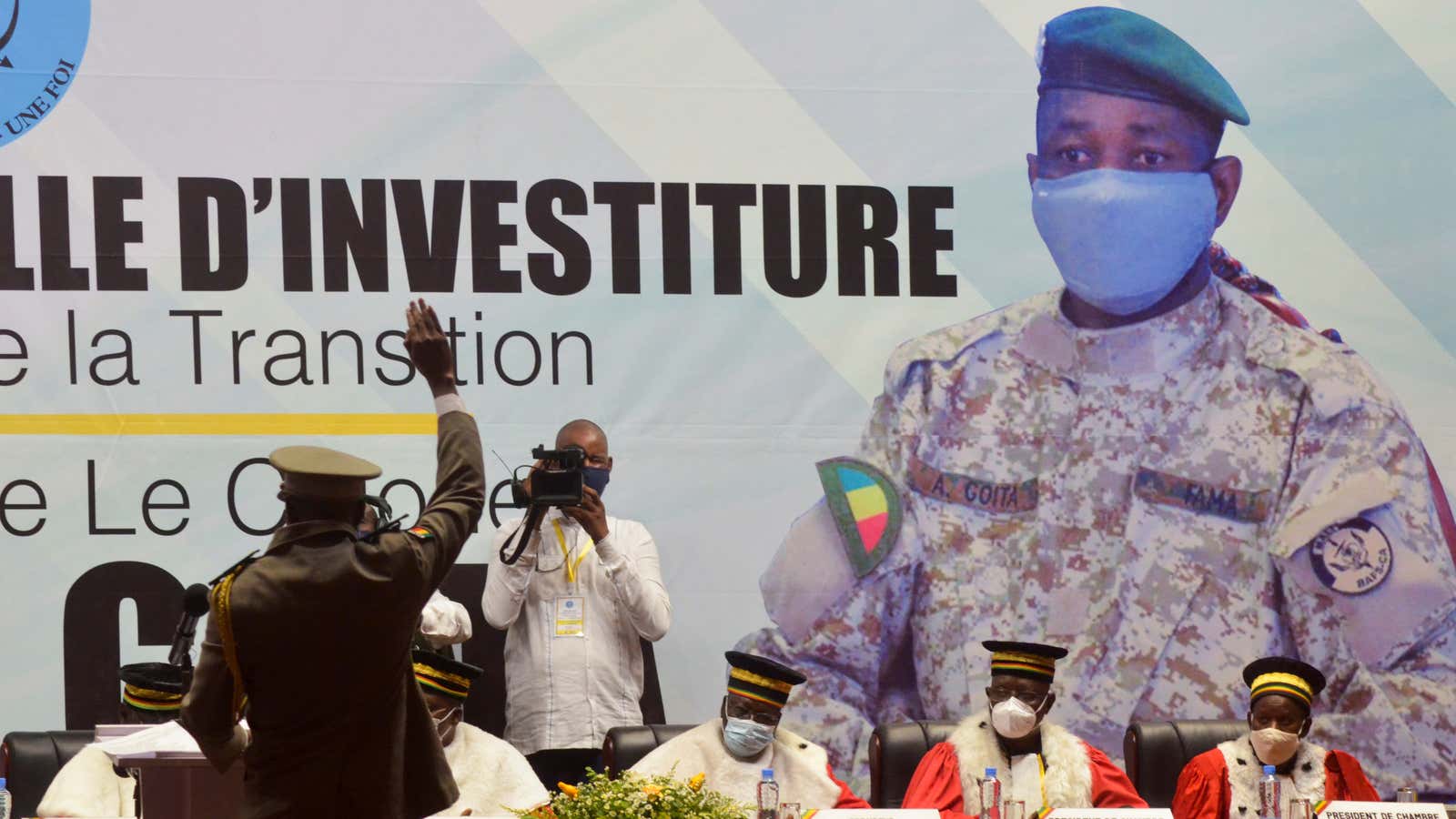 Colonel Assimi Goita, leader of two military coups, is sworn in as interim president during his inauguration ceremony in Bamako, on June 7.