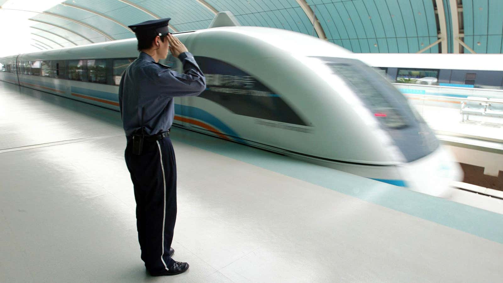 The Shanghai maglev train  will take you from Pudong International Airport to the outskirts of the city—a distance of about 20 miles—in seven minutes, according to Slate.