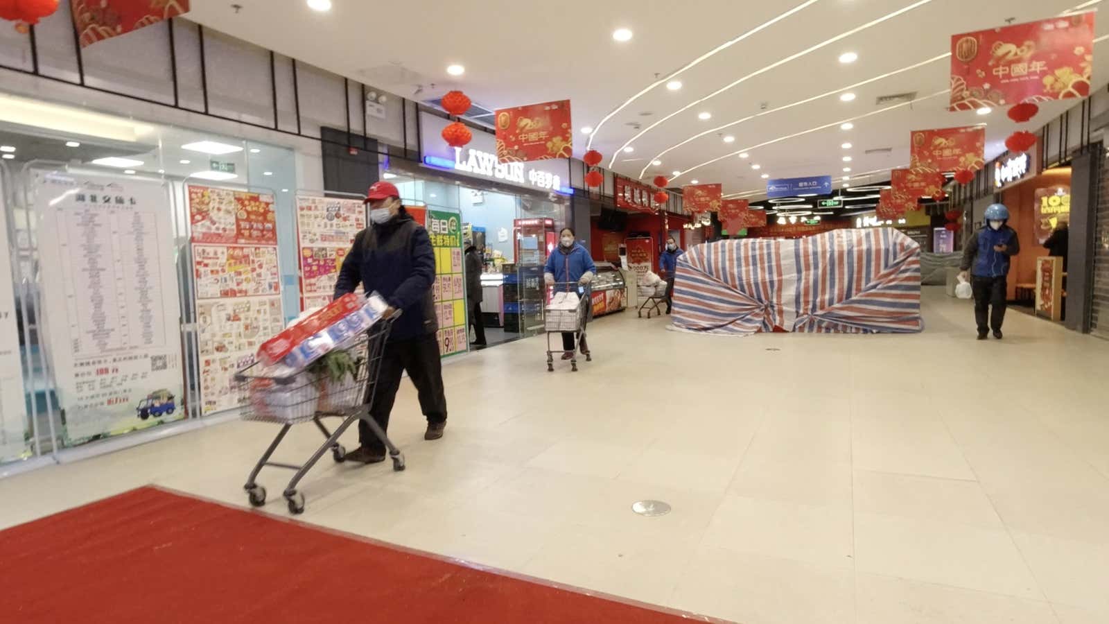 A general view inside a shopping mall in Wuhan, Hubei province, China Jan. 25, 2020 in this still image taken from video.