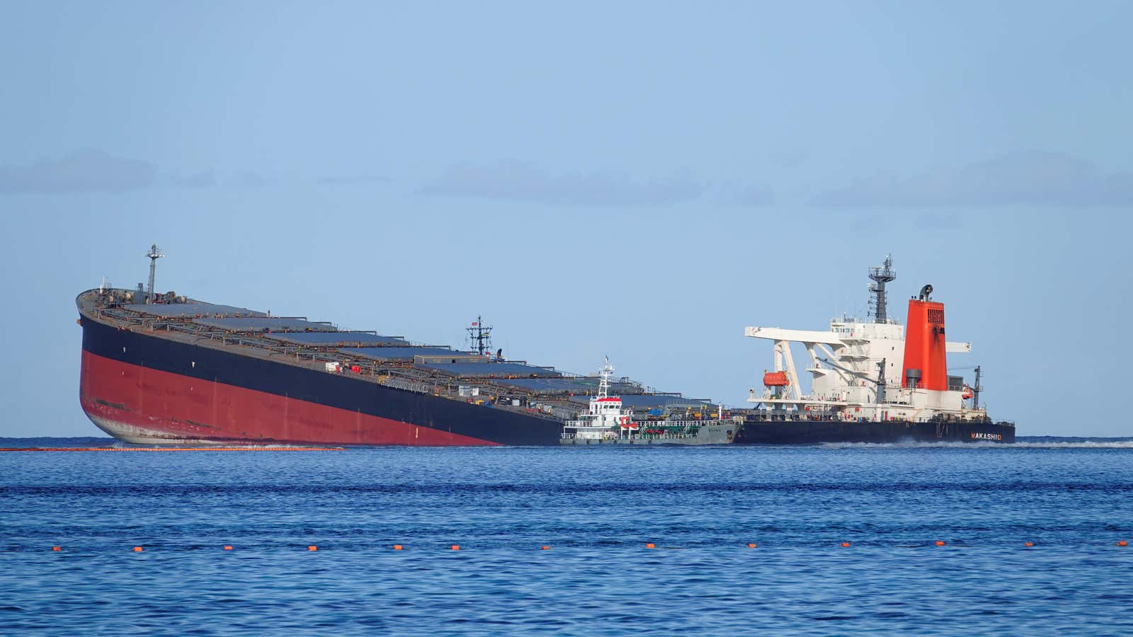 A general view shows the bulk carrier ship MV Wakashio, belonging to a Japanese company  that ran aground on a reef, at Riviere des Creoles, Mauritius, August 11, 2020.