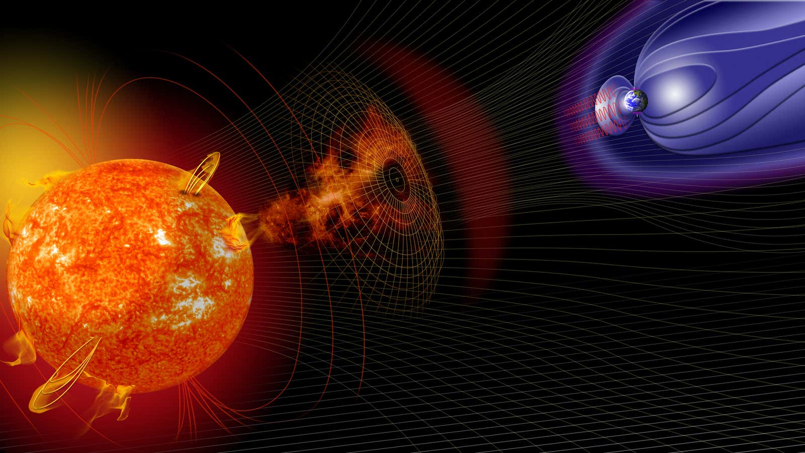 Artist illustration of events on the sun changing the conditions in near-Earth space.