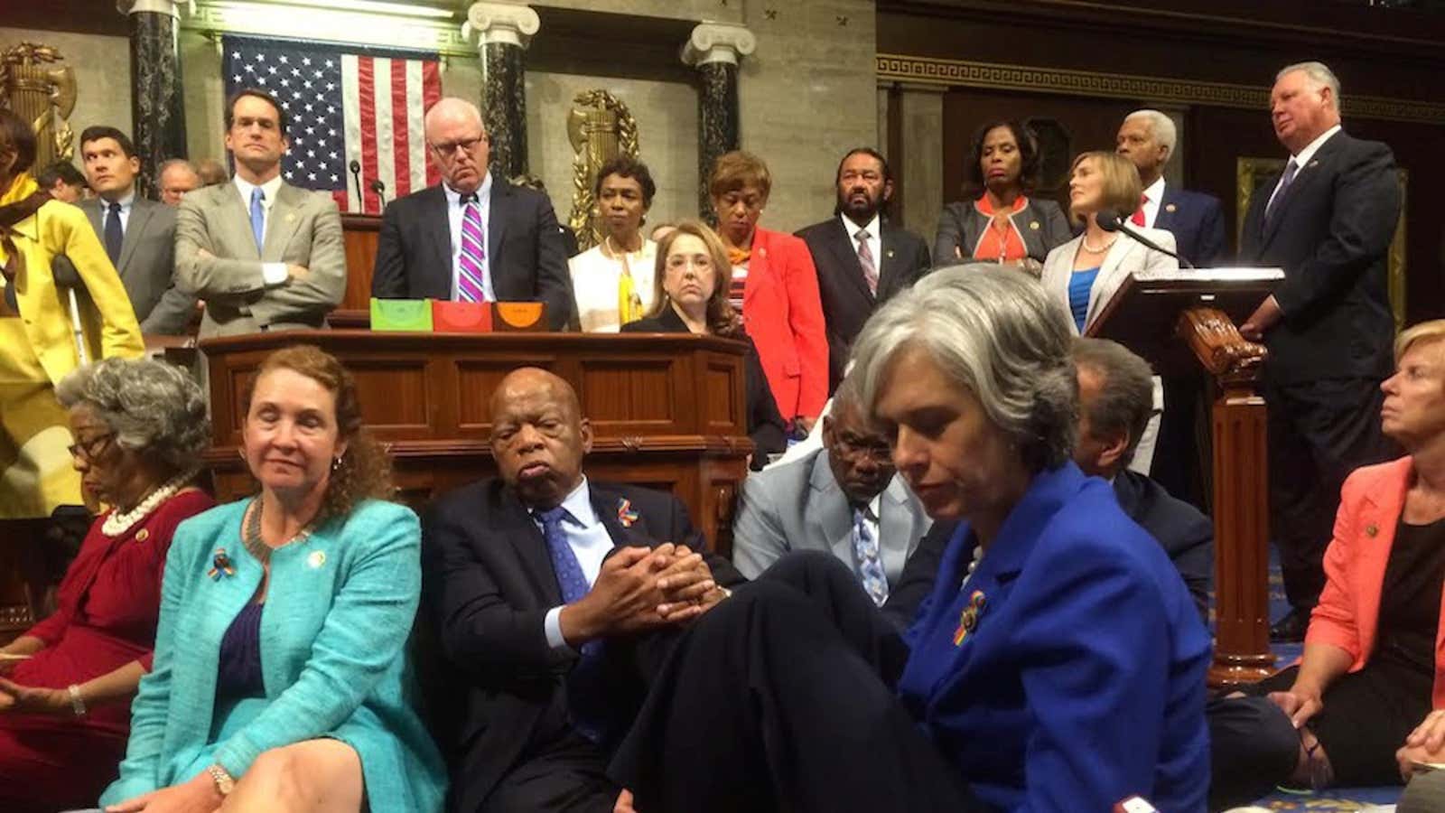 Democrats vow to continue the sit-in even as Republicans adjourn until July 5.