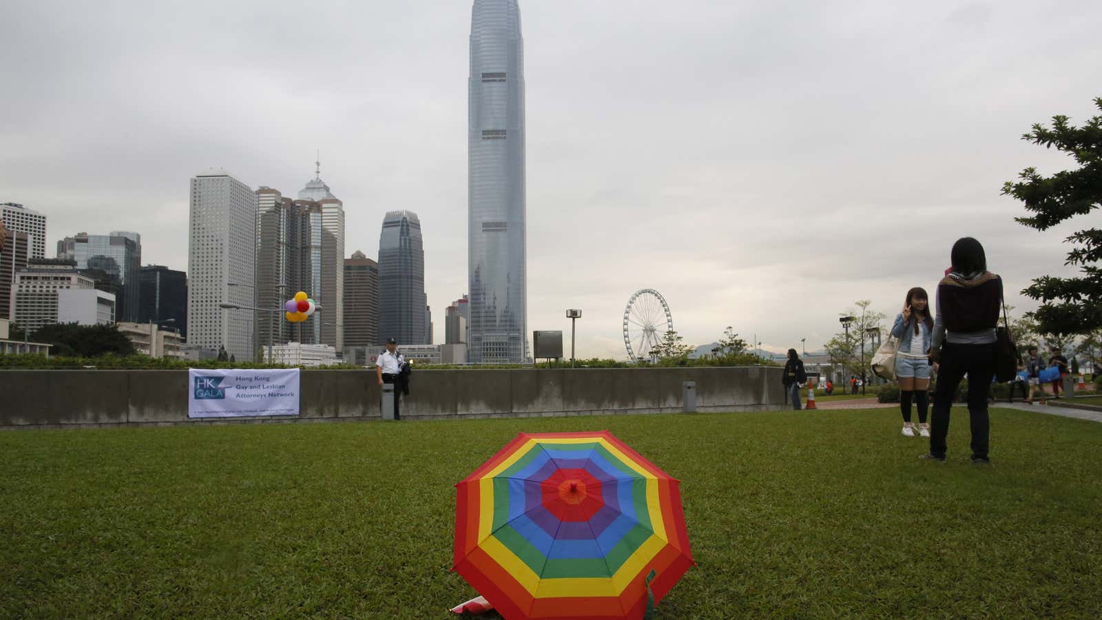 A rainbow umbrella placed during a gay rally in Hong Kong.