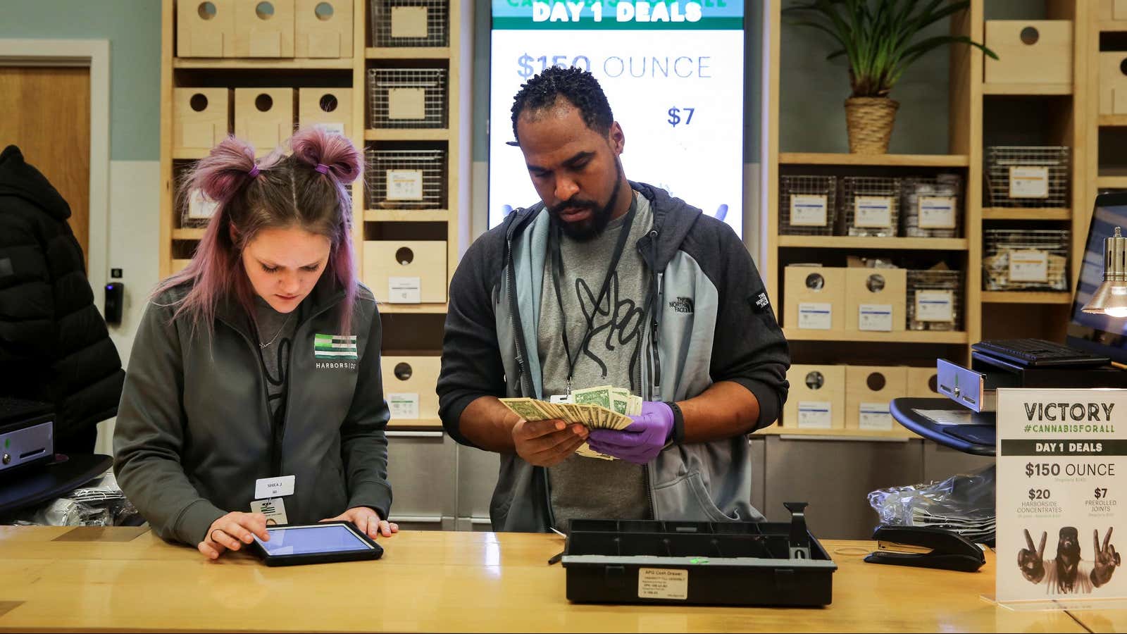 Employees prepare to open at Harborside, one of California’s largest and oldest dispensaries of medical marijuana, on the first day of legalized recreational marijuana in…