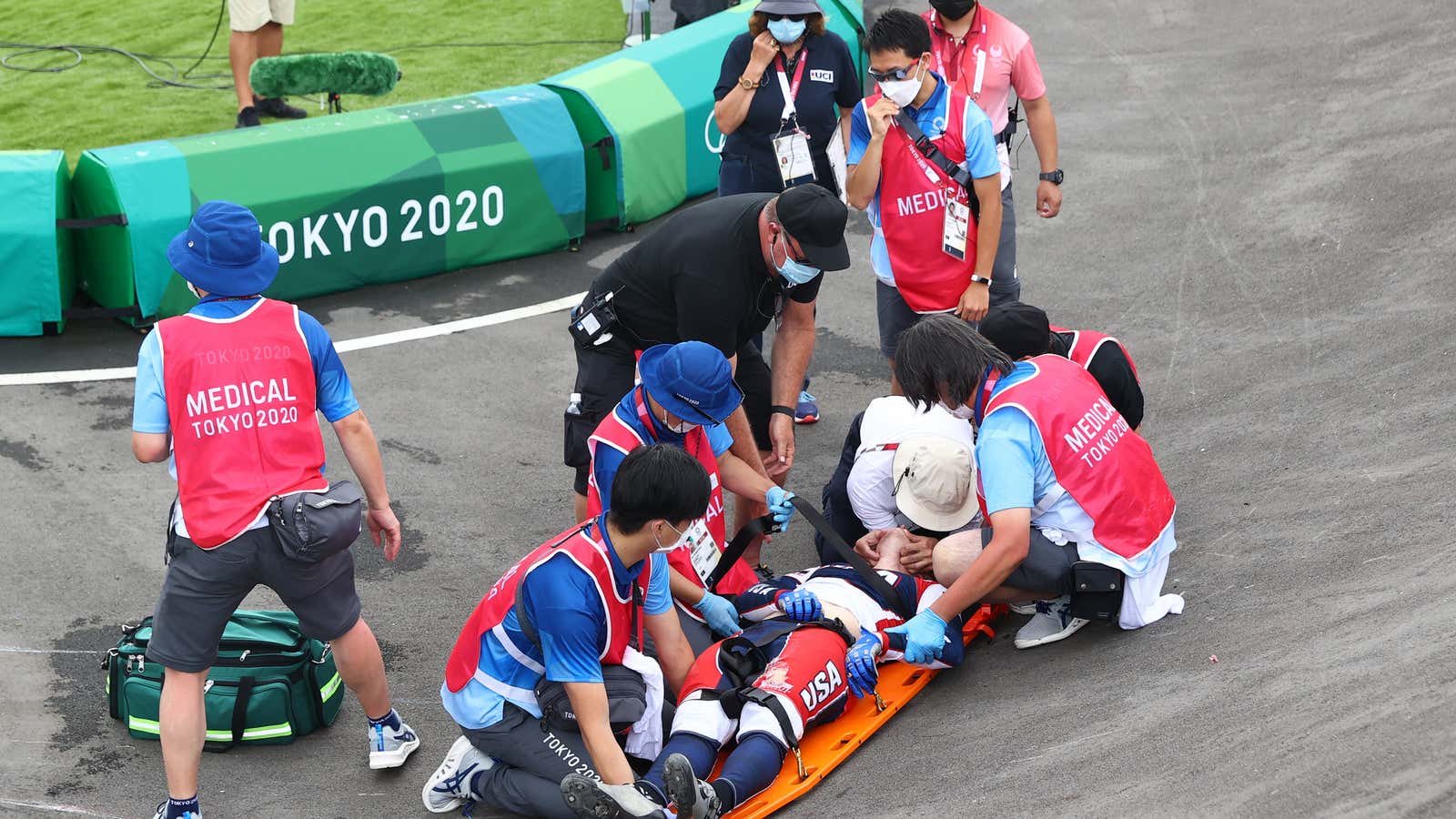 Connor Fields of the United States receives medical attention following a crash at the Tokyo 2020 Olympics BMX Racing Men’s Individual Semifinal on July 30,…