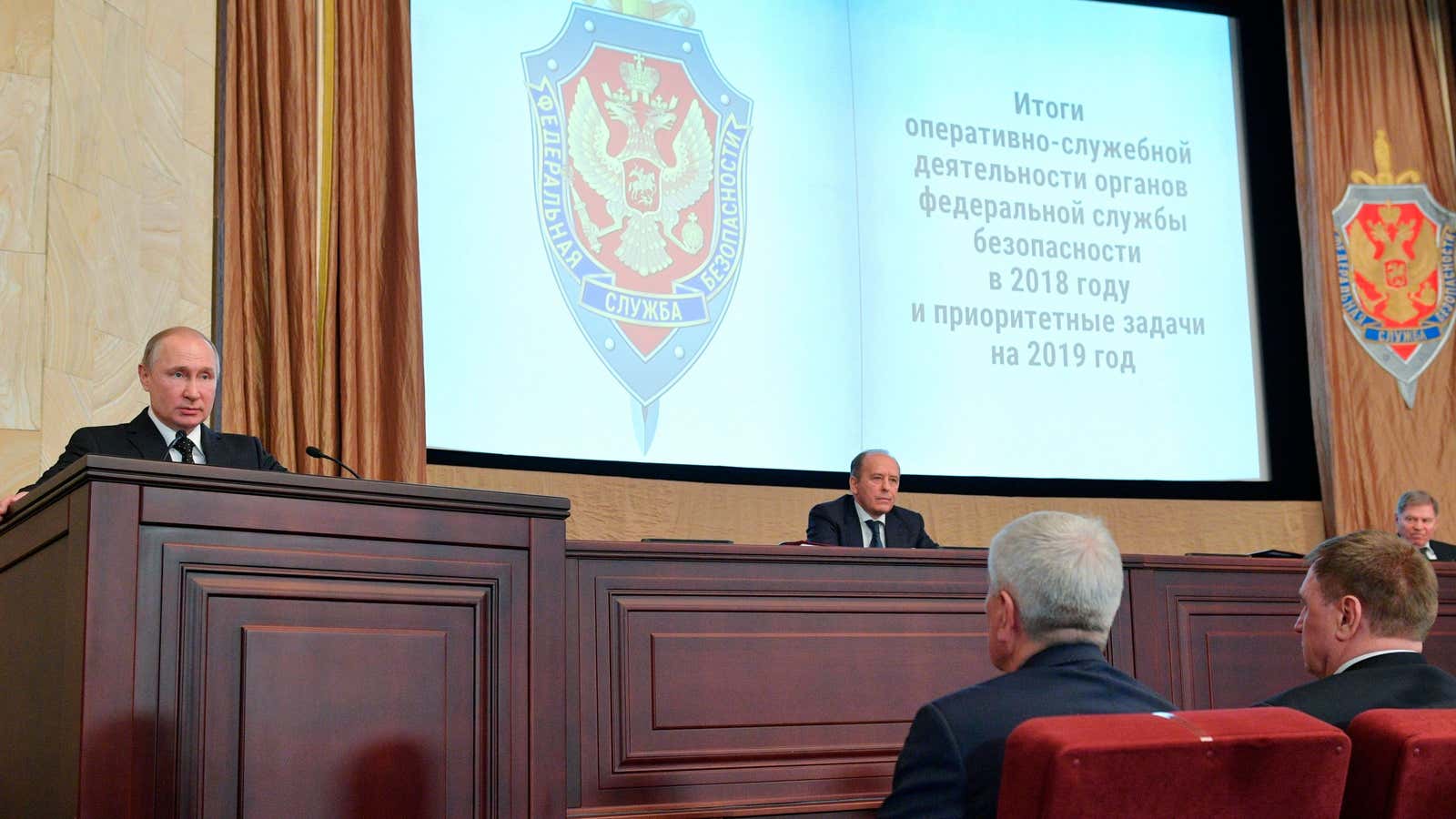 Russian president Vladimir Putin speaking yesterday at FSB headquarters in Moscow.