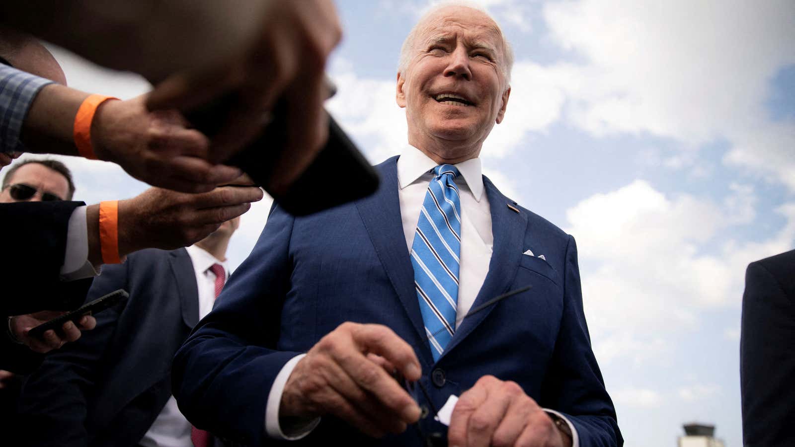 FILE PHOTO: U.S. President Joe Biden speaks to reporters before boarding Air Force One at Des Moines International Airport in Des Moines, Iowa, U.S., April…