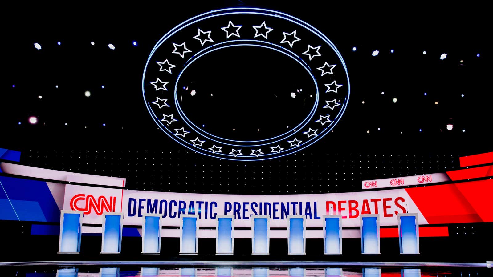 The stage is set for the second Democratic 2020 U.S. presidential candidates debate in the Fox Theatre in Detroit, Michigan.