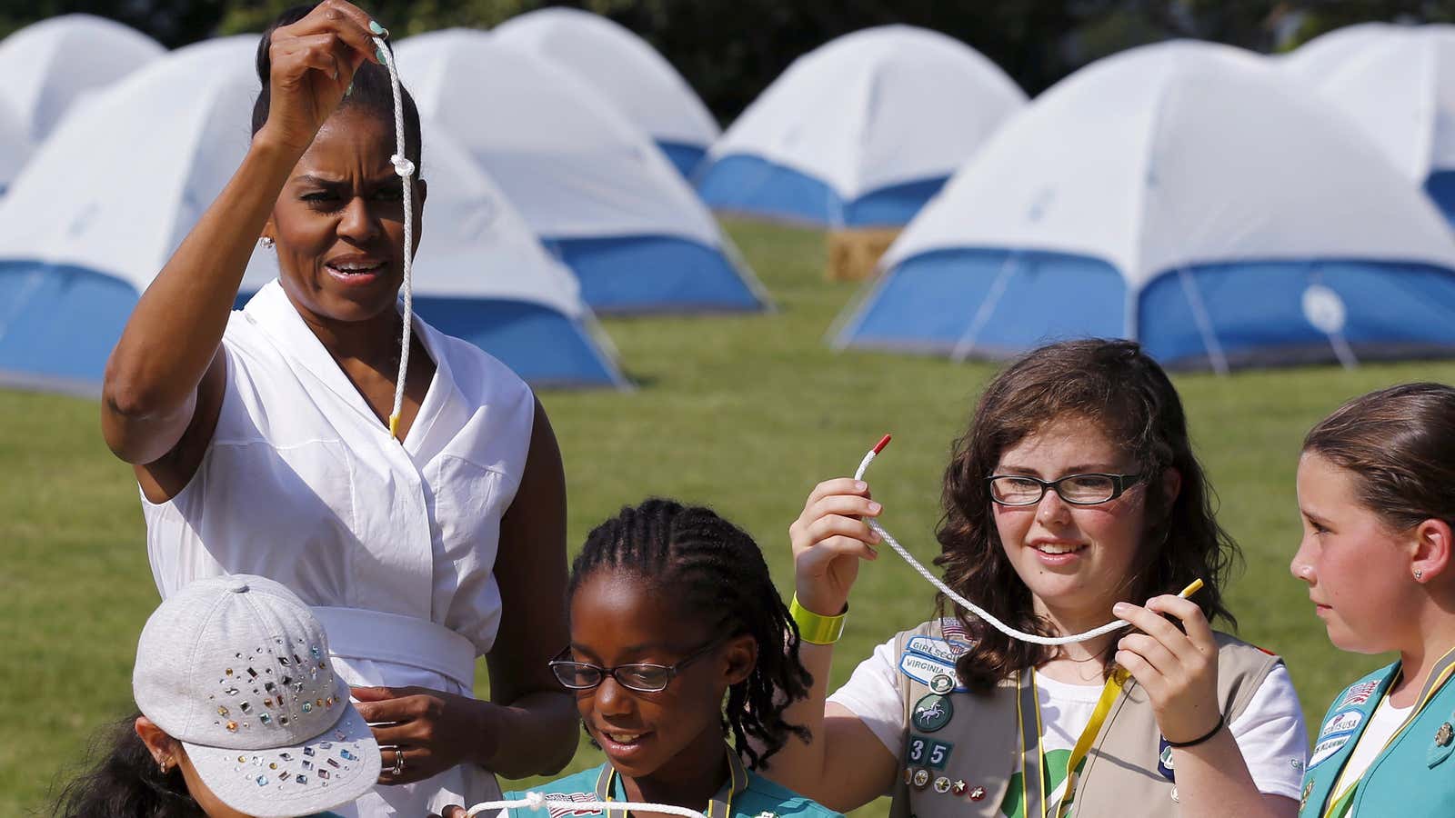 Michelle Obama  and Girl Scouts camp on the South Lawn of the White House in 2015.