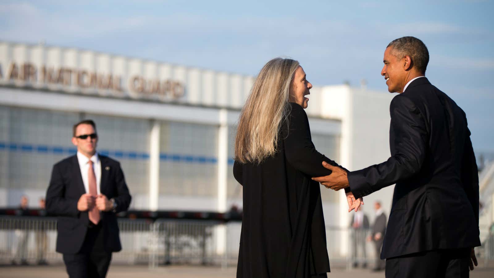 POTUS and Marilynne Robinson say goodbye after their interview in September.