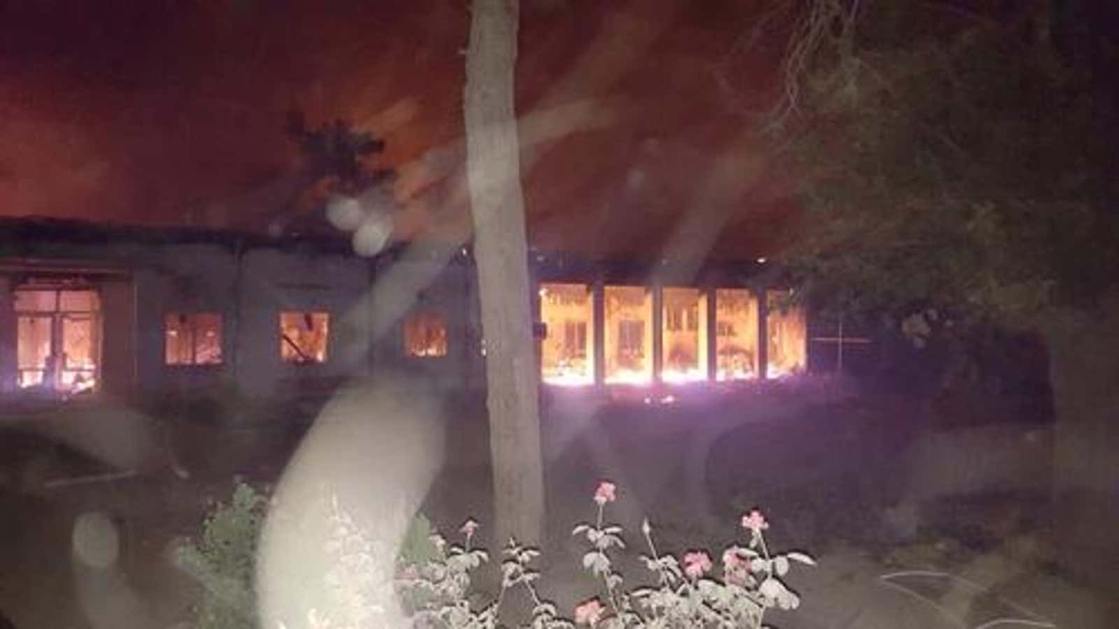 The MSF hospital on fire in the early morning hours of Oct. 3.