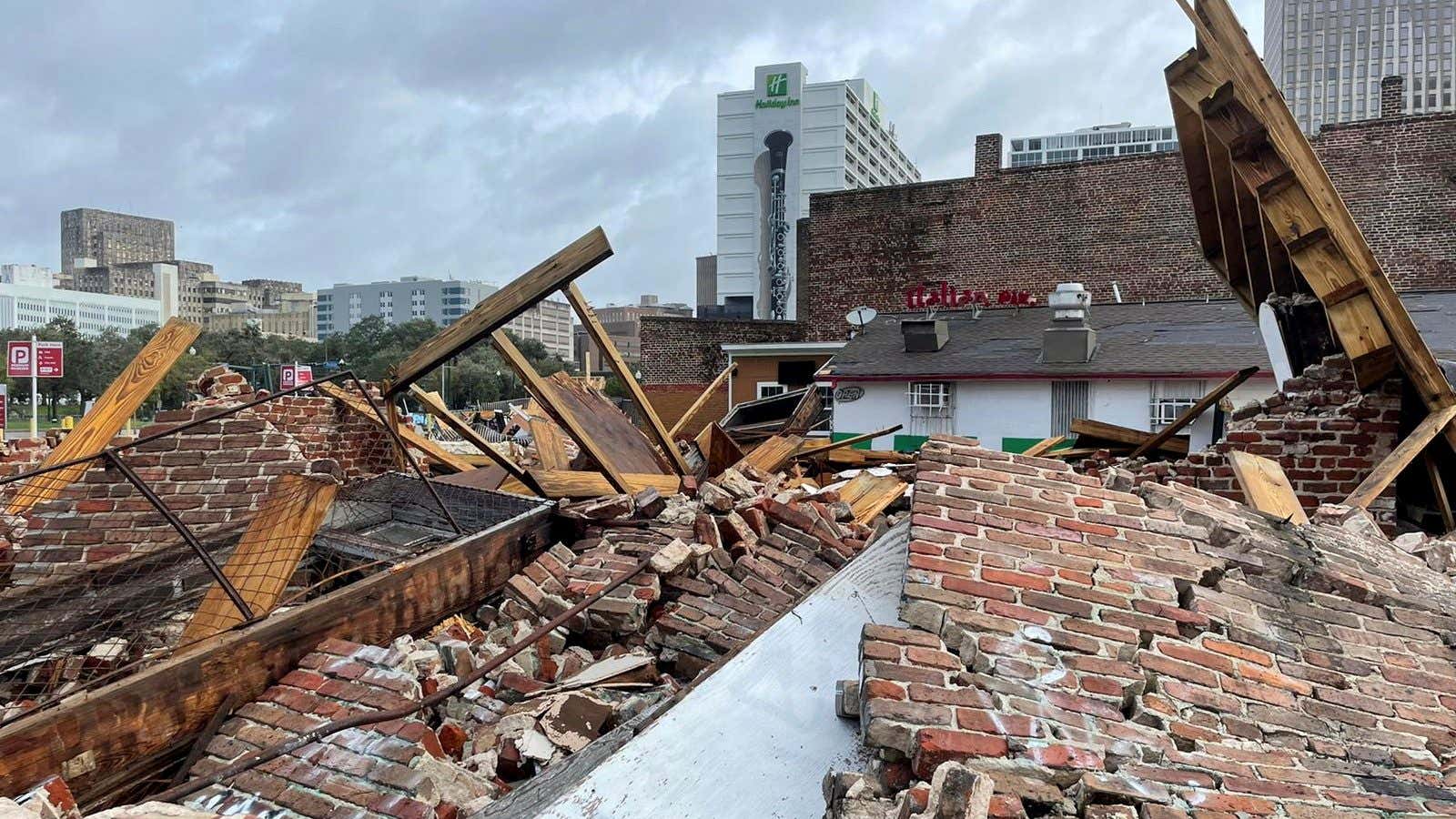 The Karnofsky shop, a historic New Orleans jazz landmark, suffers severe damage after the hurricane.