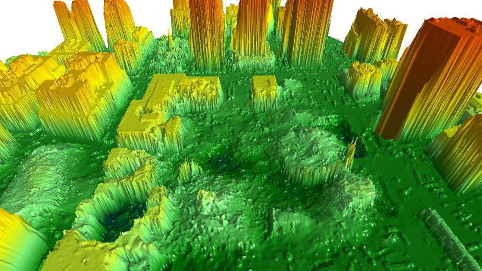 A lidar Digital Surface Model of the World Trade Center site in New York City.