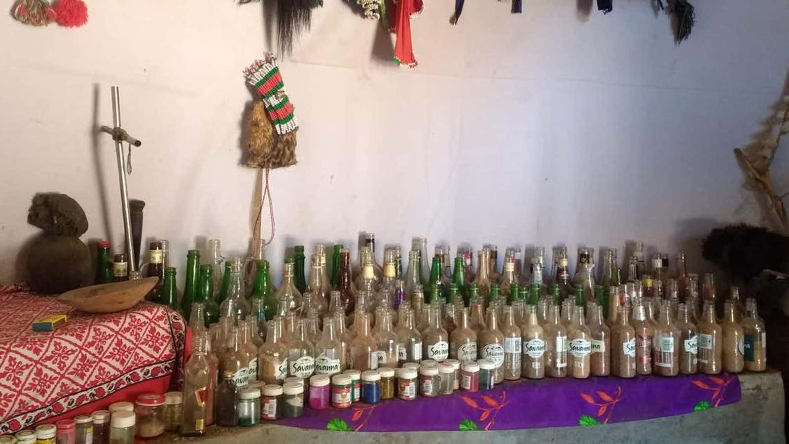 A sangoma’s hut with a variety of traditional medicines.