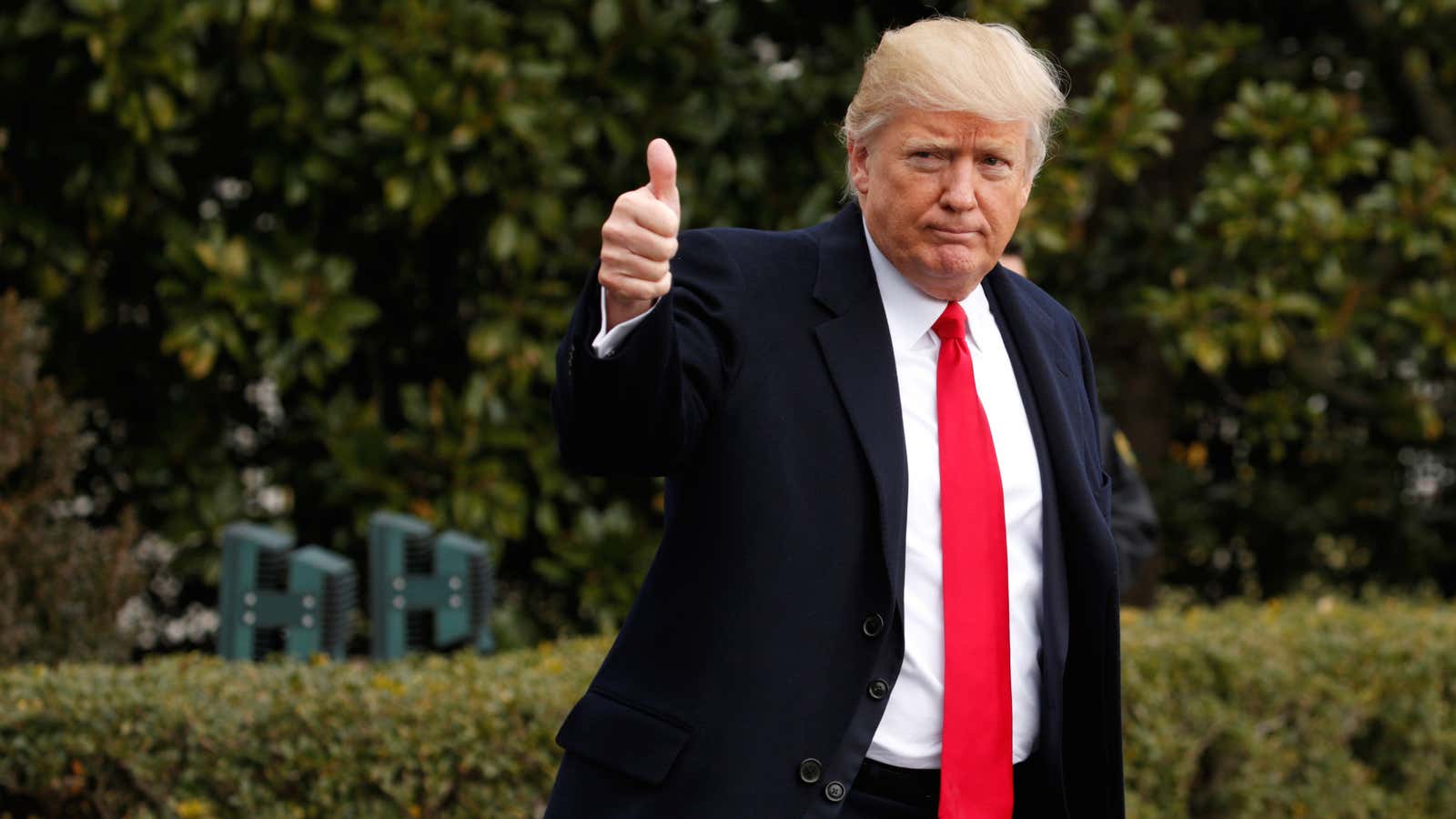 U.S. President Donald Trump gives a thumbs up as he departs the White House in Washington to spend the weekend in Florida February 3, 2017.