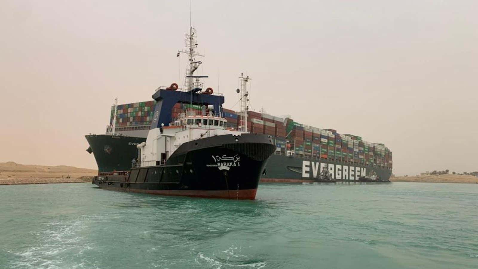 The Ever Given container ship is stuck in the Suez after a strong wind pushed it aground.