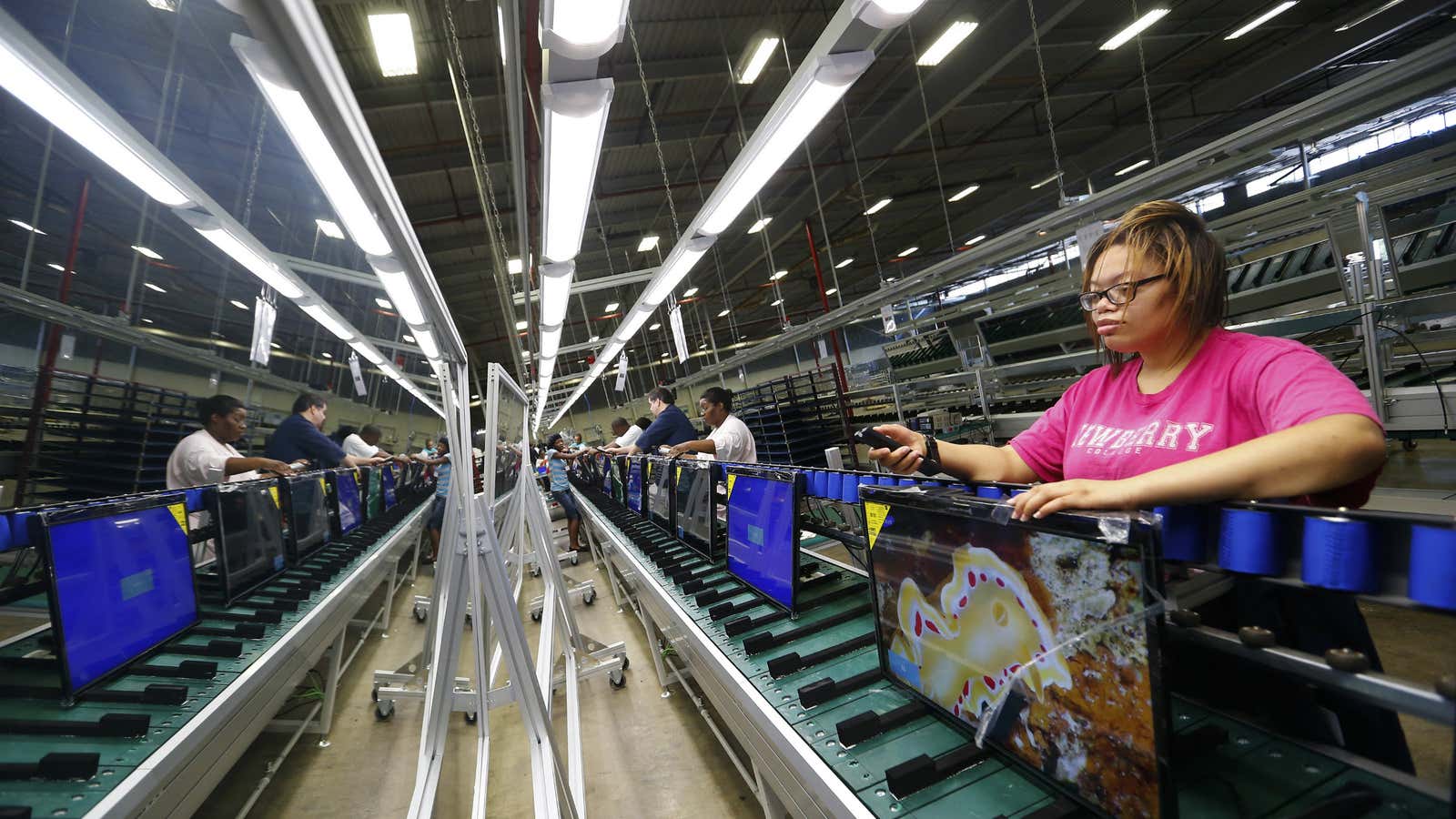 Workers assemble televisions at Element Electronics in Winnsboro, South Carolina.