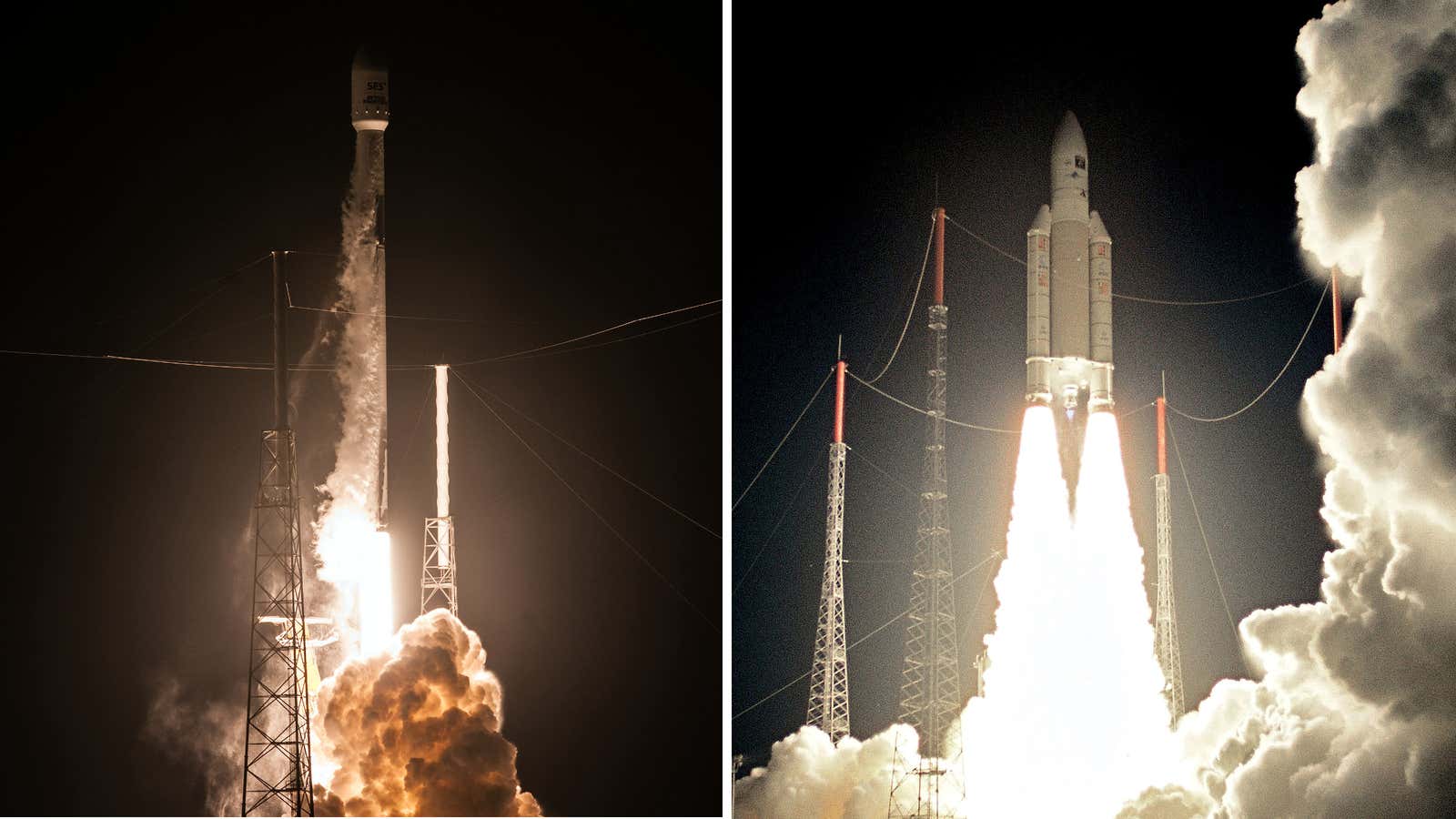 A SpaceX Falcon 9 (l) and an Ariane 5 (r) shortly after ignition.