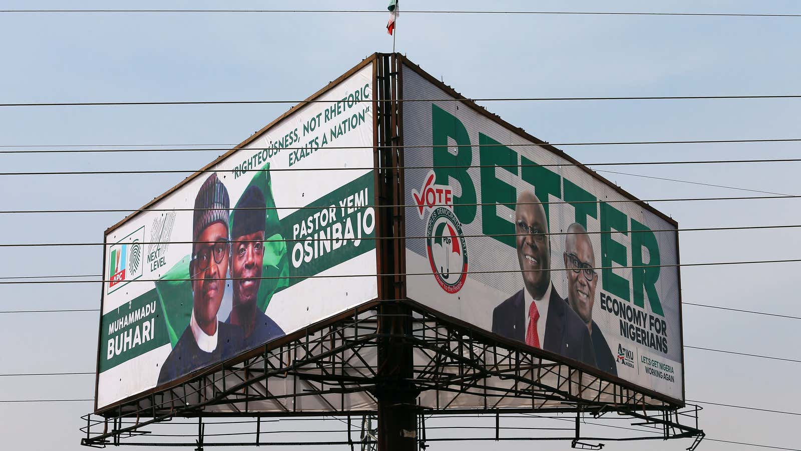 Election campaign billboards for president Buhari and former vice president Atiku Abubakar