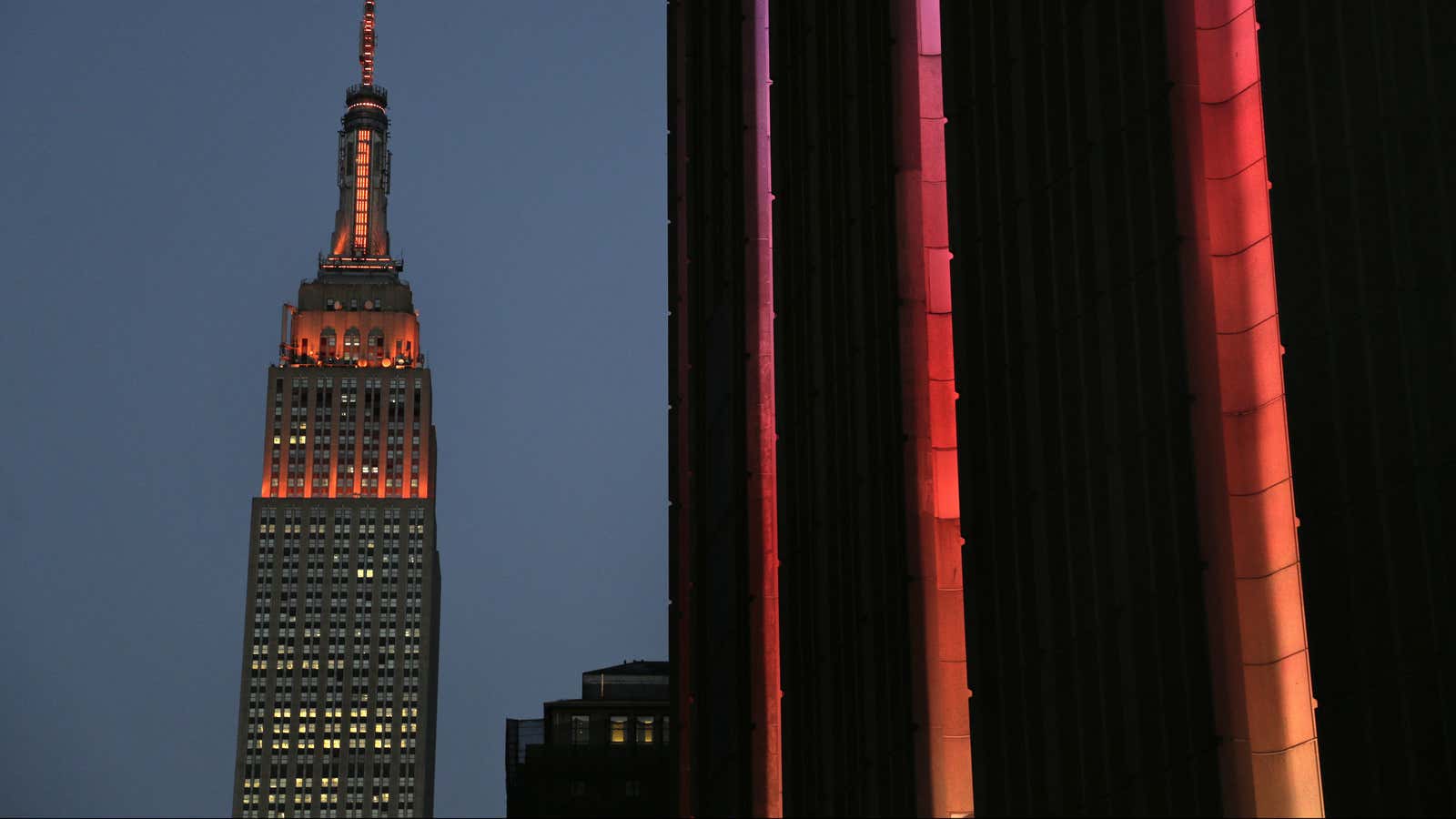 Orange lighting illuminates the Empire State Building on June 1, 2016.