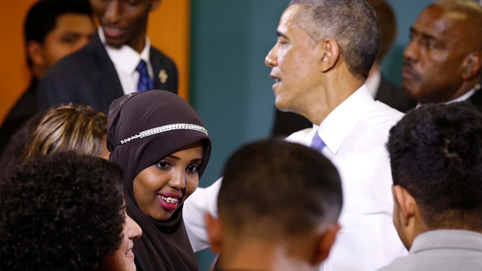 Hibo Omar, 17, a Nashville resident from Somalia, talks to her friends after greeting U.S. President Barack Obama.