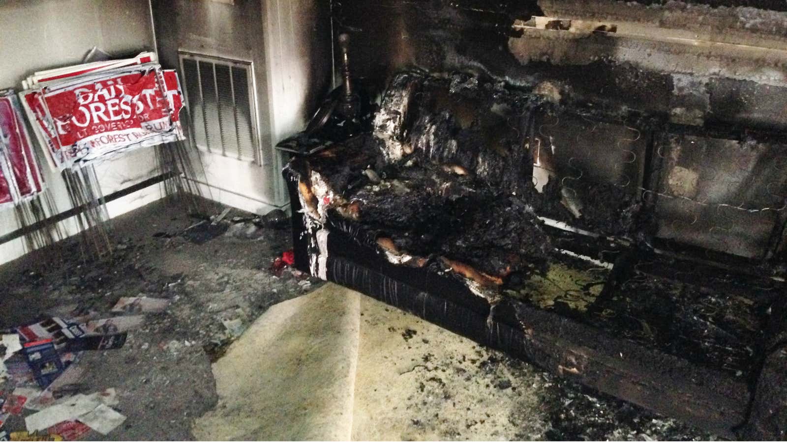 The aftermath of the bombing of the Republican headquarters in Hillsborough, North Carolina.