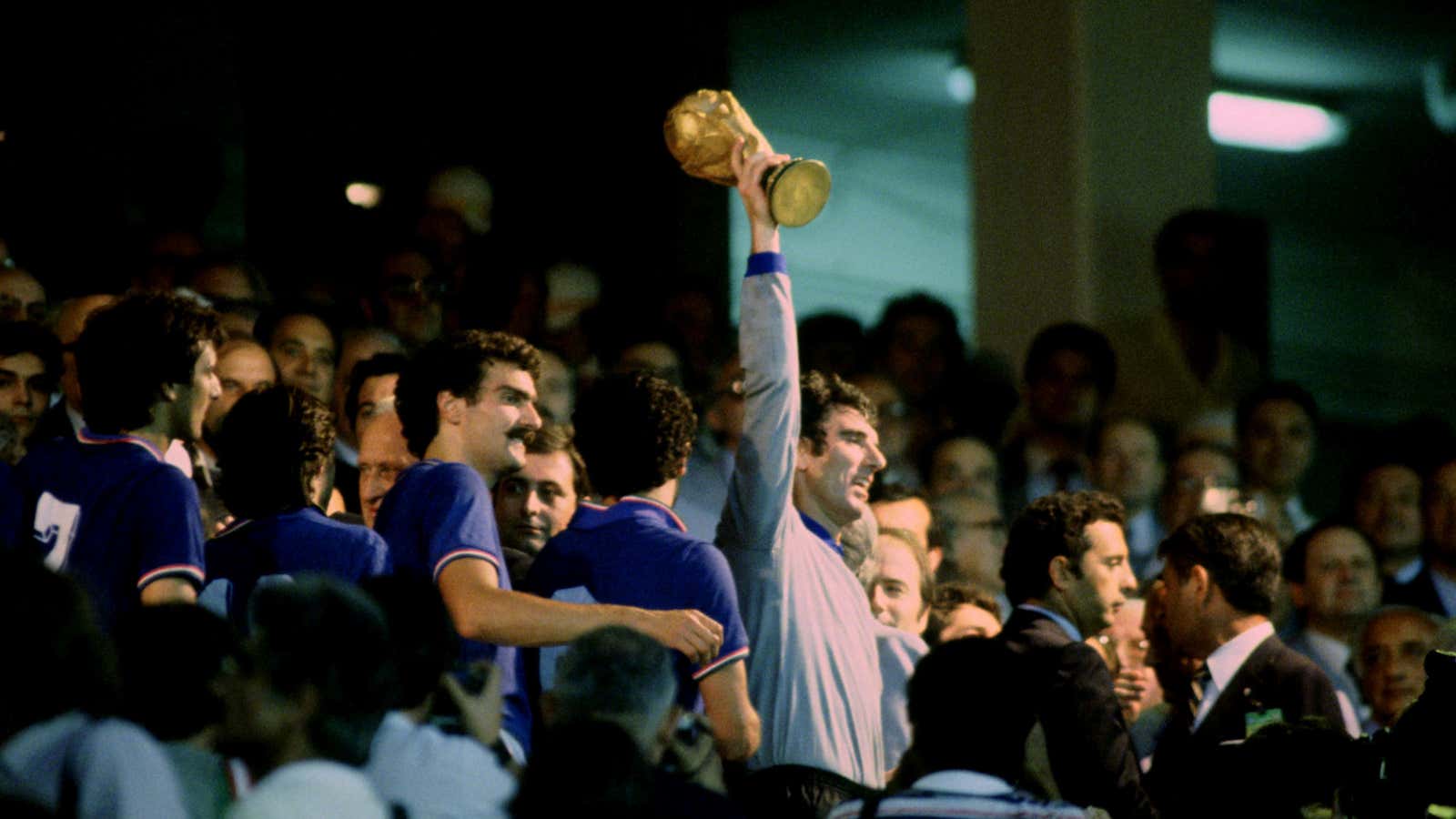 Italy’s Dino Zoff lifts the World Cup trophy in 1982.