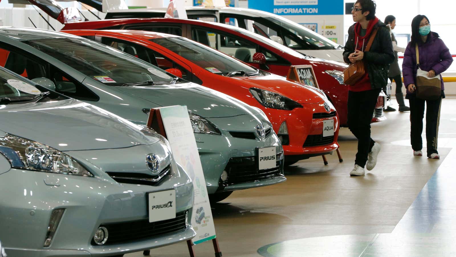 Japan’s weaker currency means carmakers such as Prius maker Toyota are doing better abroad.