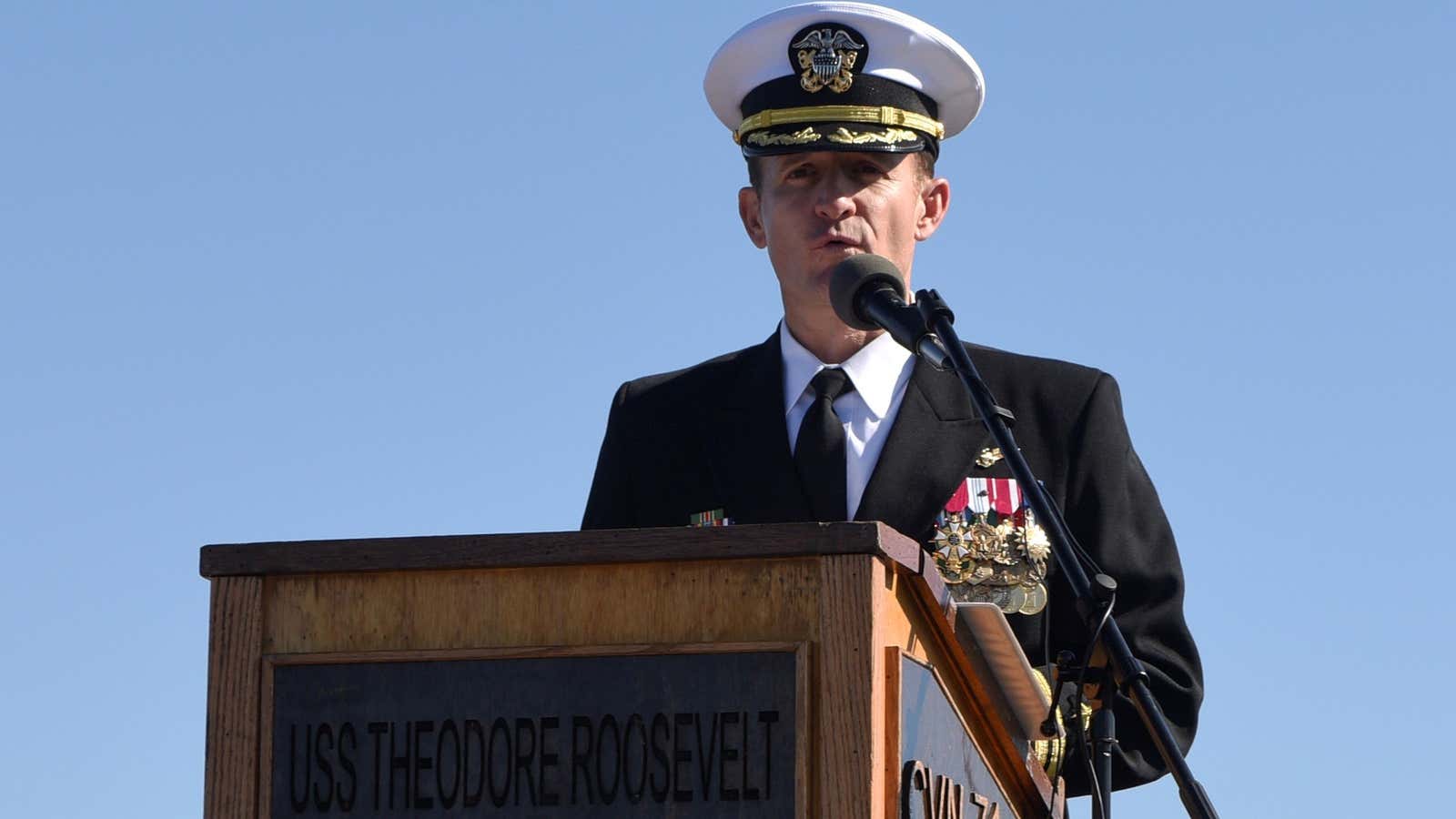 Captain Brett Crozier, who no longer commands the USS Theodore Roosevelt.