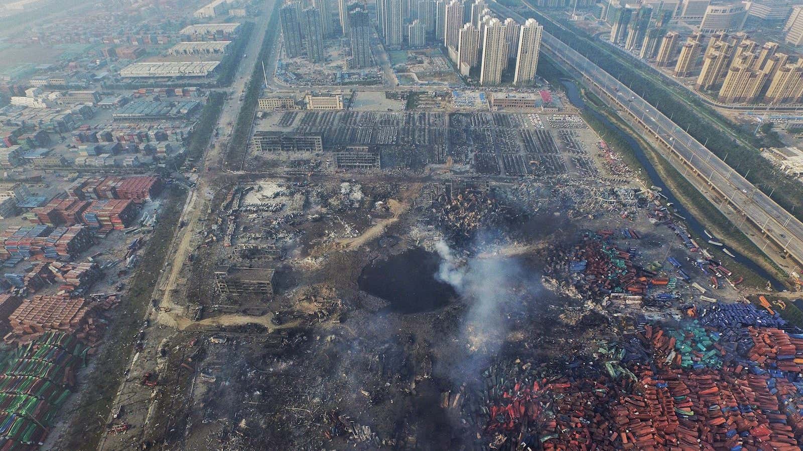 An aerial view of the crater in Tianjin, China.