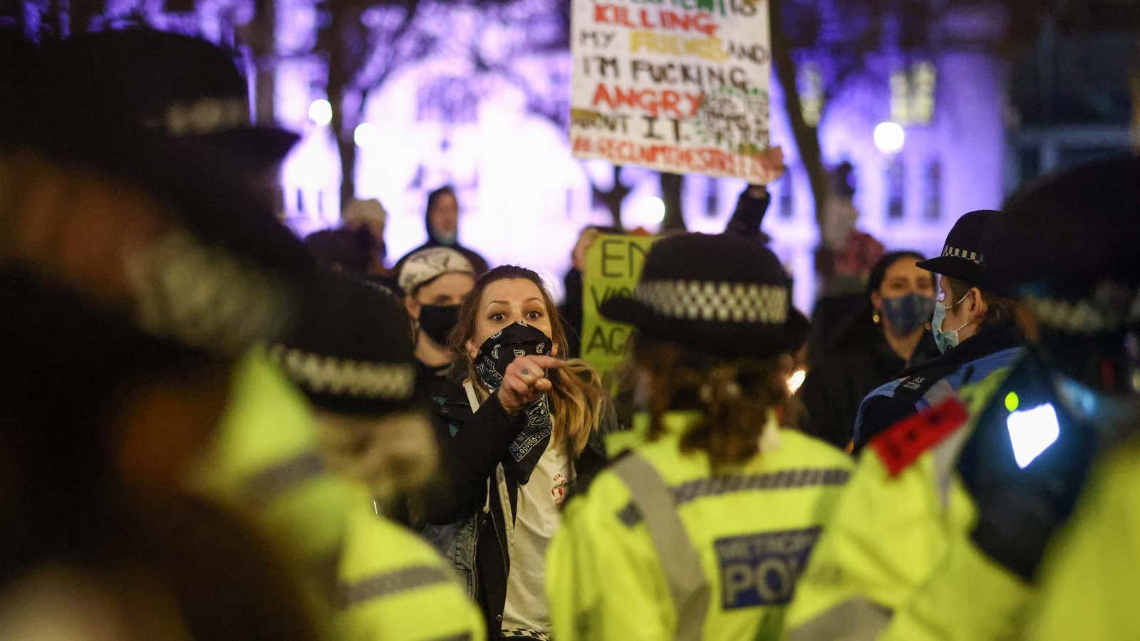 SENSITIVE MATERIAL. THIS IMAGE MAY OFFEND OR DISTURB People face off police officers during a protest at Parliament Square, following the kidnap and murder of…