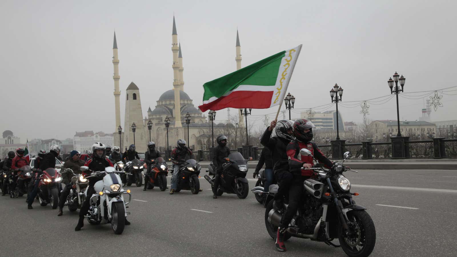 Bikers in Chechnya wave their flag during a festival last month.