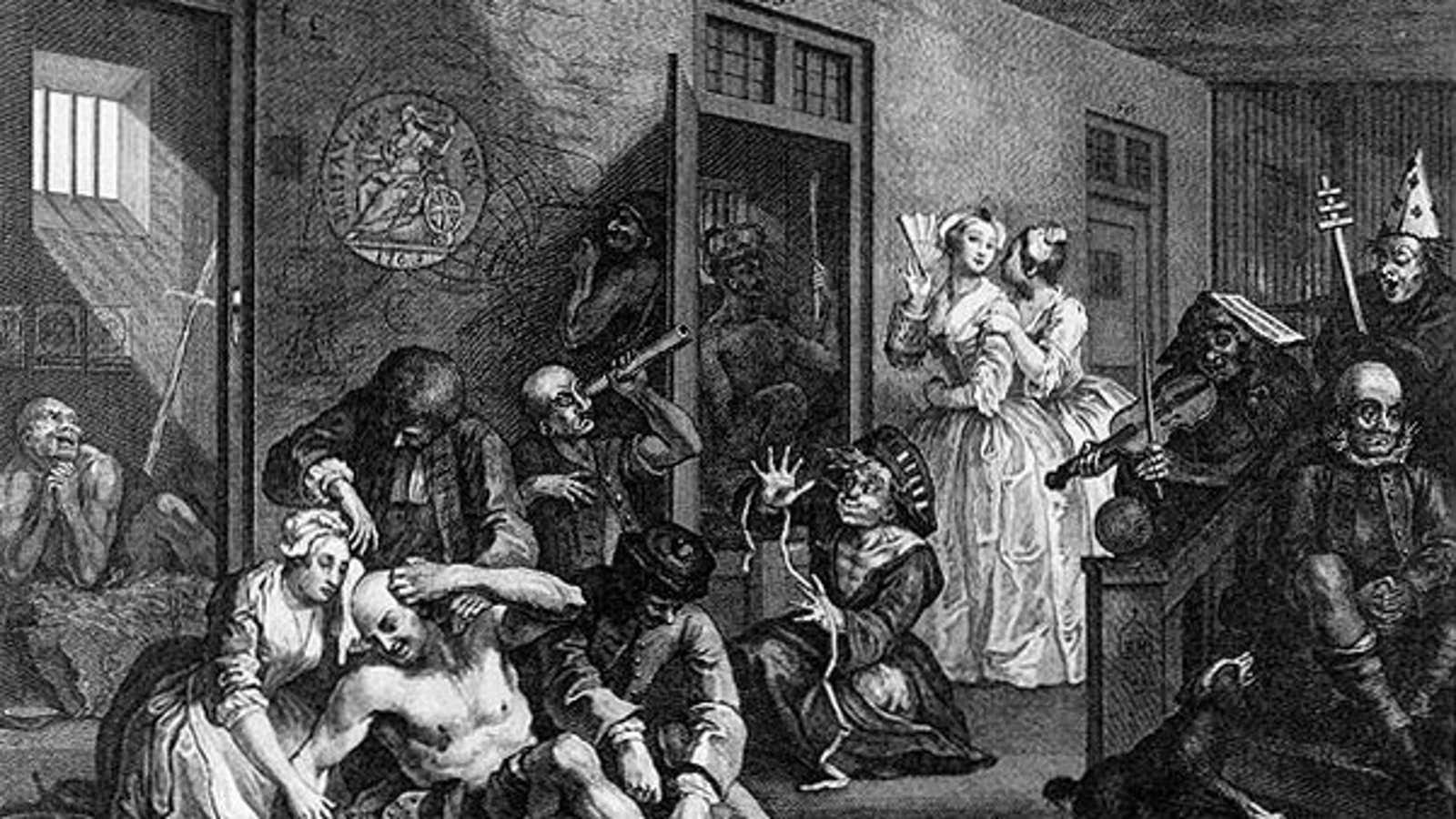 Bedlam, as depicted in William Hogarth’s series, “The Rake’s Progress.”